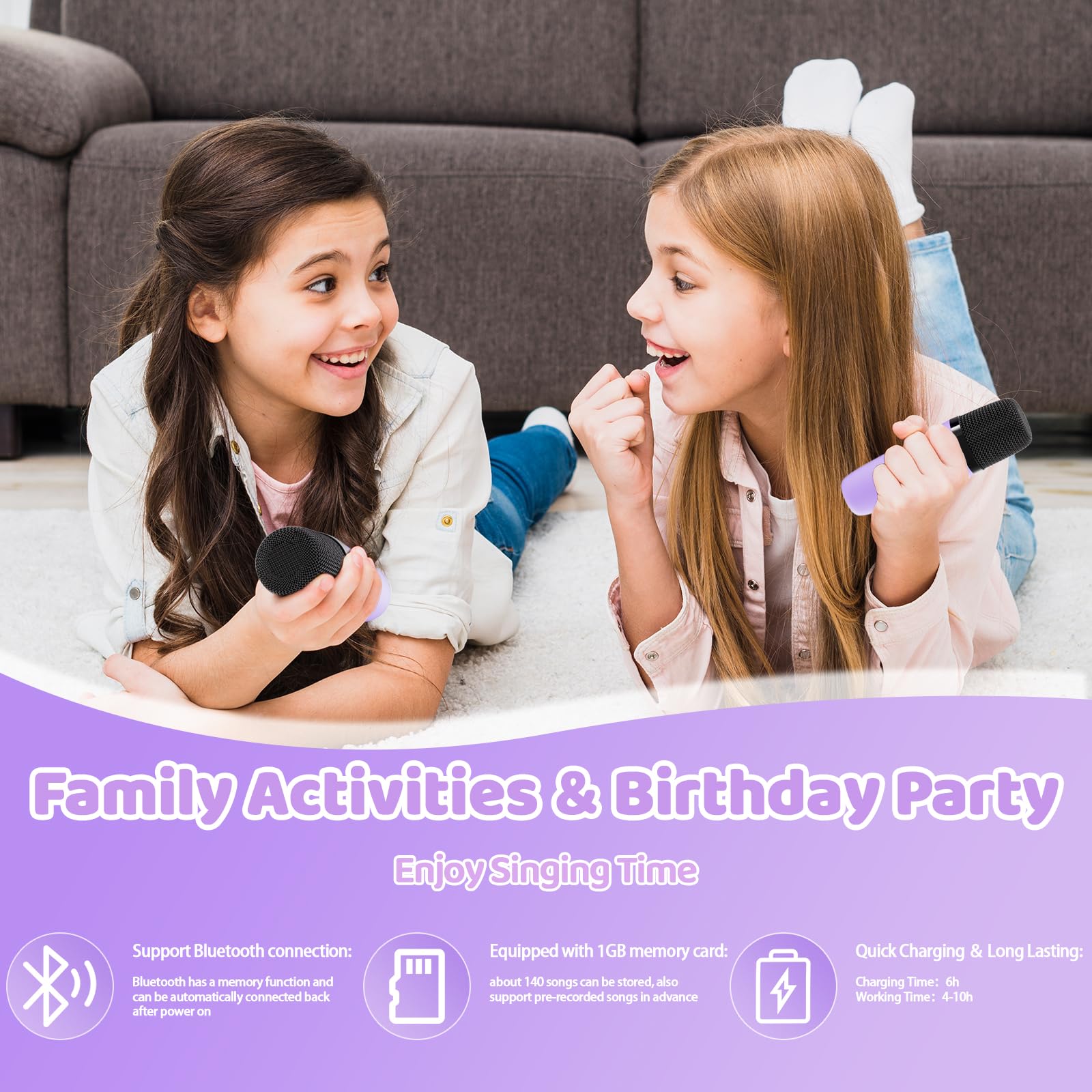 Máquina de karaoke para niños con tarjeta de memoria, altavoz Bluetooth portátil con 2 micrófonos inalámbricos, micrófono para niños de 4 5 6 7 8 9 10 años en adelante, regalo de cumpleaños 6