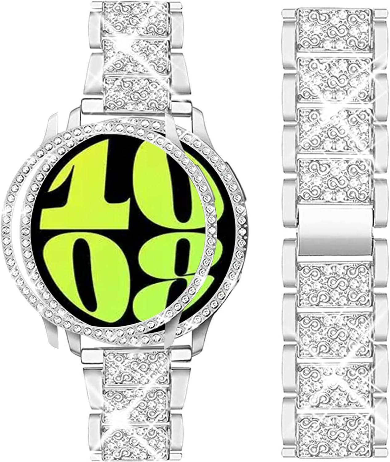 Mosonio Band ONLY Compatible with Samsung Galaxy Watch 6 40mm / 44mm, 20mm Bling Metal Galaxy Watch 6 Band with Bling Protective Cover Case for Women, Bling galaxy watch 6 Replacement Strap for Daily wear (Color & Size Optional? Silver Galaxy Watch 6 40mm