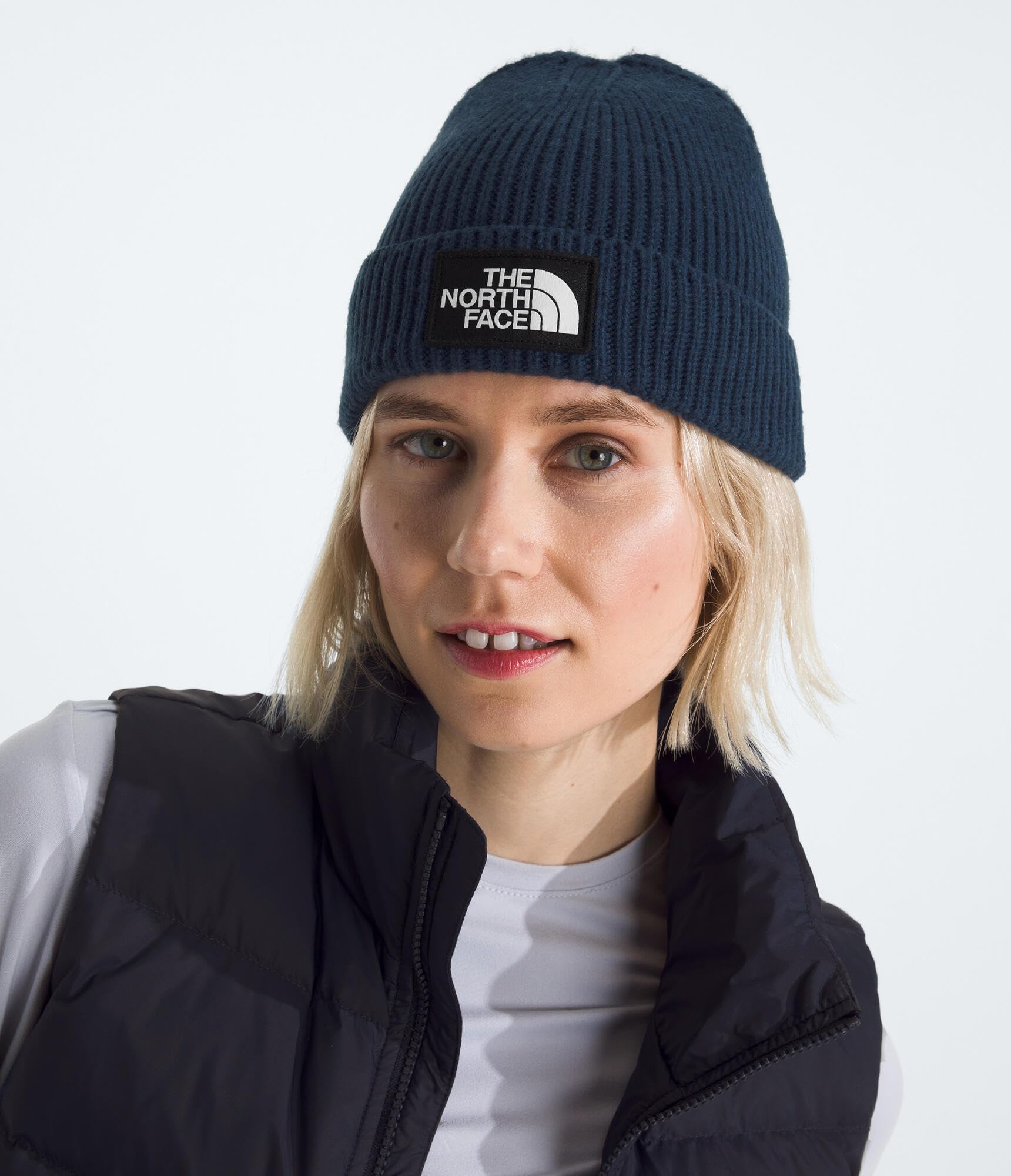 The North Face TNF Logo Box czapka z mankietami, klasyczny krój, dzianinowa czapka zimowa dla mężczyzn i kobiet, tkane logo lub haftowana naszywka z ikoną, granatowa, jeden rozmiar