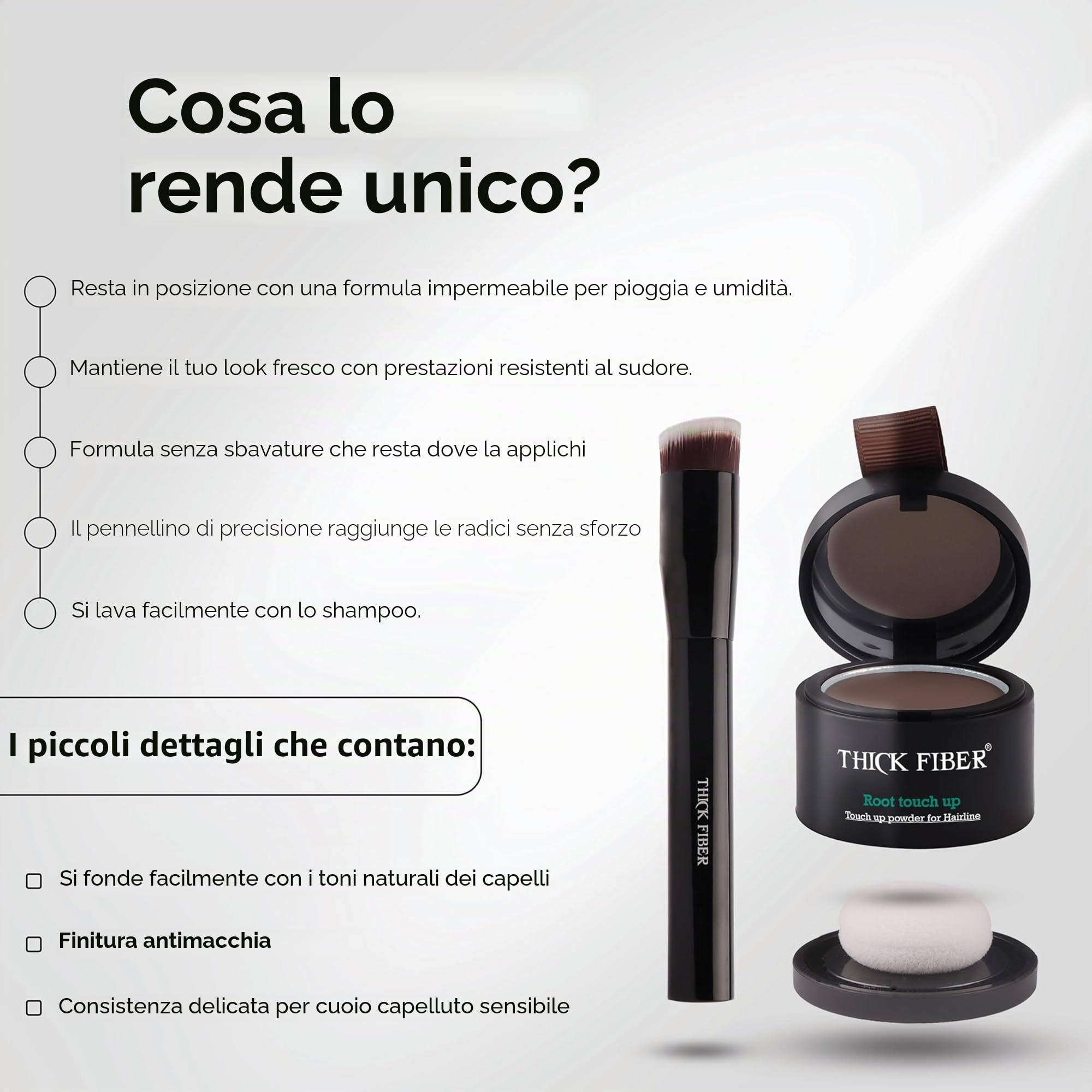 Thick Fiber Polvere per ritocchi radici, castano medio, set di correttori per la caduta dei capelli impermeabili e anti-sudore, con pennello copertura attaccature sottili e radici grigie
