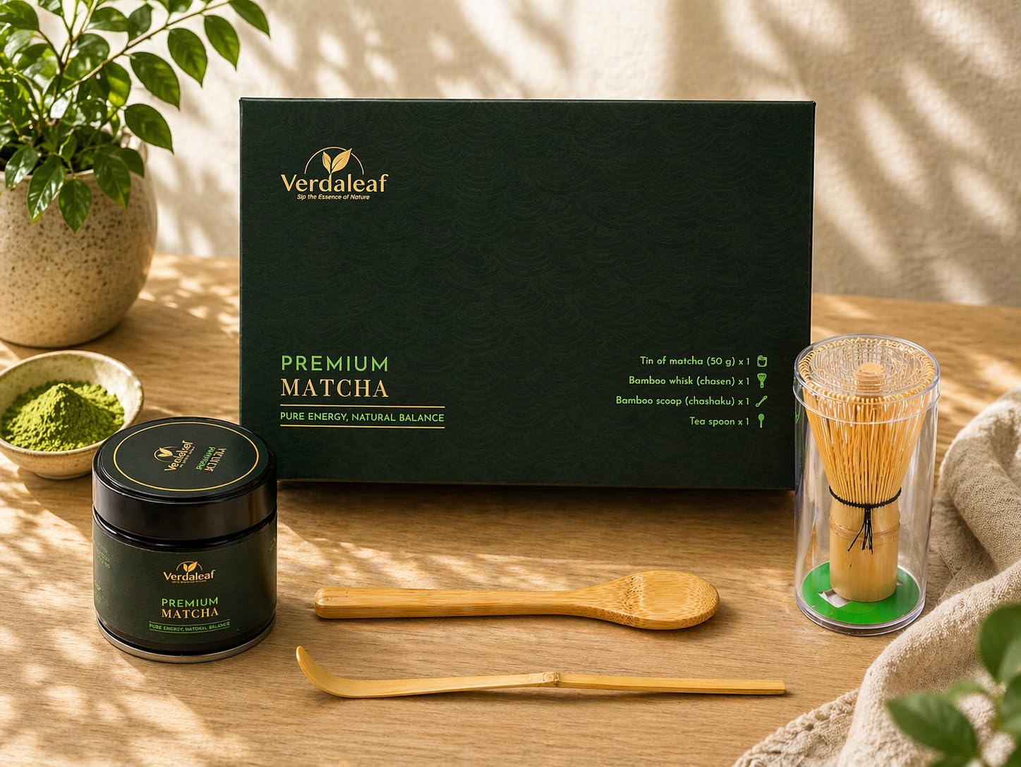 Verdaleaf USDA Organic Matcha Gift Box – 50g Ceremonial Grade Japanese Matcha with Bamboo Whisk & Scoop – Premium Matcha Starter Kit