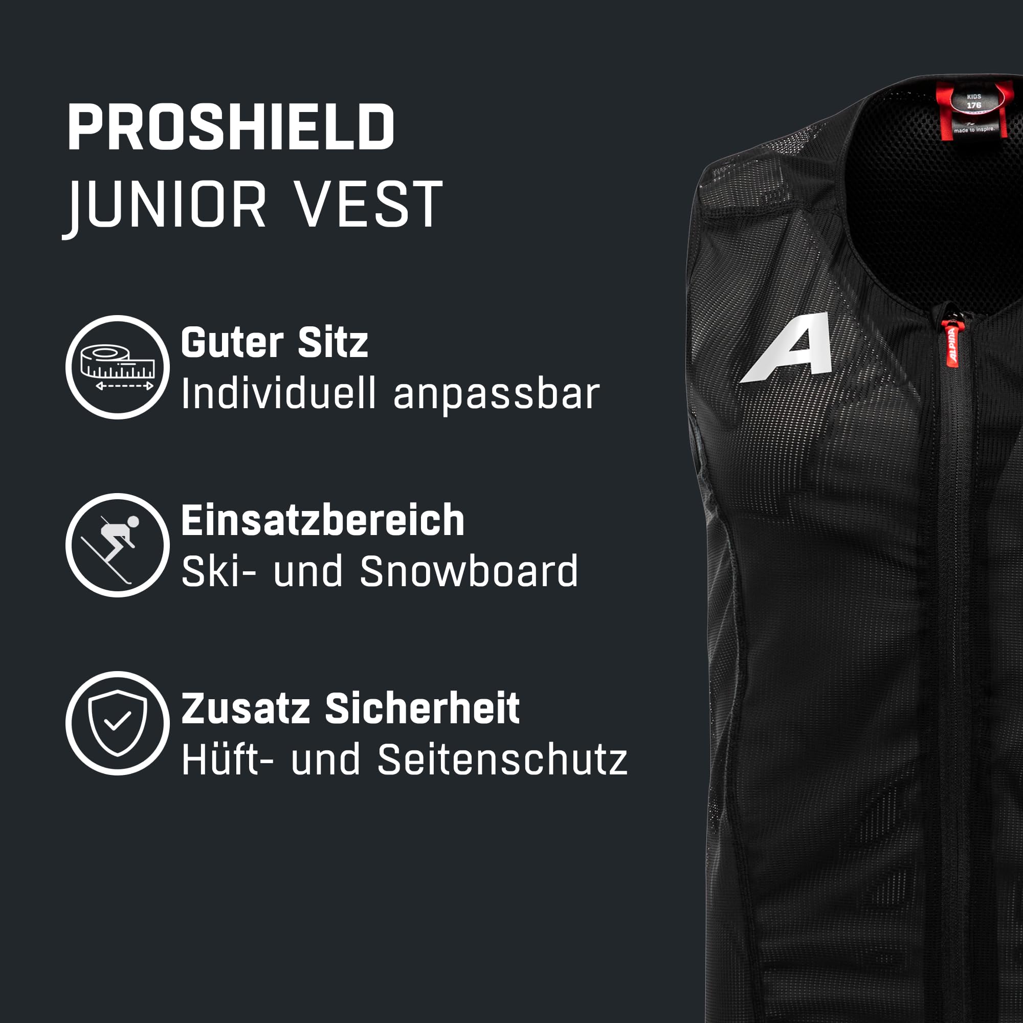 ALPINA PROSHIELD JUNIOR - Rückenprotektor für Kinder und Jugendliche, Komfortabler Schutz, Atmungsaktiv & Anpassbar, Schutzweste für Ski- & Wintersport, Schwarz
