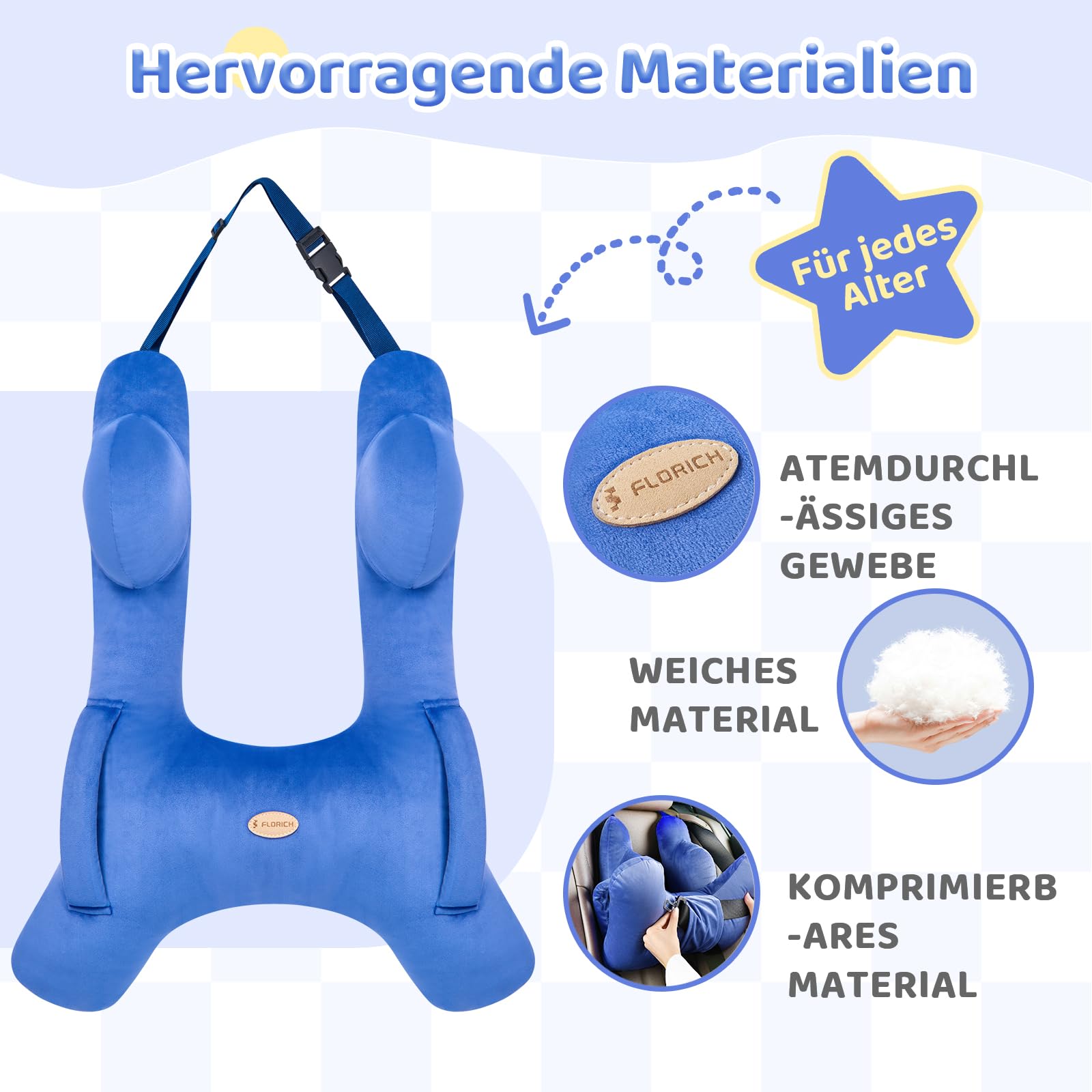 FLORICH Kinder Reisekissen, Schlafkissen Auto Kinder, Abnehmbares H förmiges Kissen Atmungsaktiv für Jungen und Mädchen und Erwachsene für Auto Urlaub (Blau)