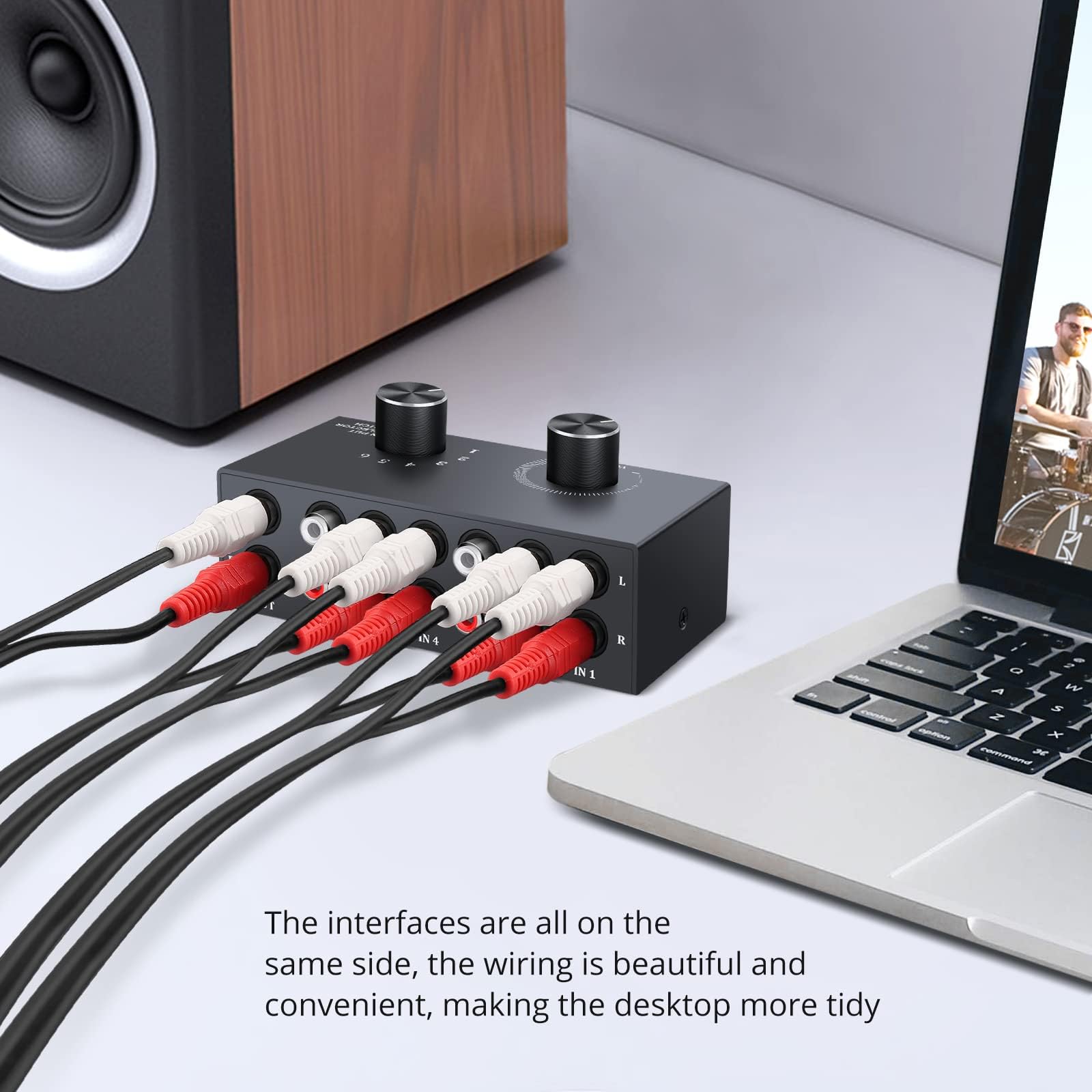 PROZOR 2-weg RCA 6 x 1/1 x 6 audioschakelaar met analoge stereo volumeregeling plug & play voor het schakelen van meerdere kanalen/audio