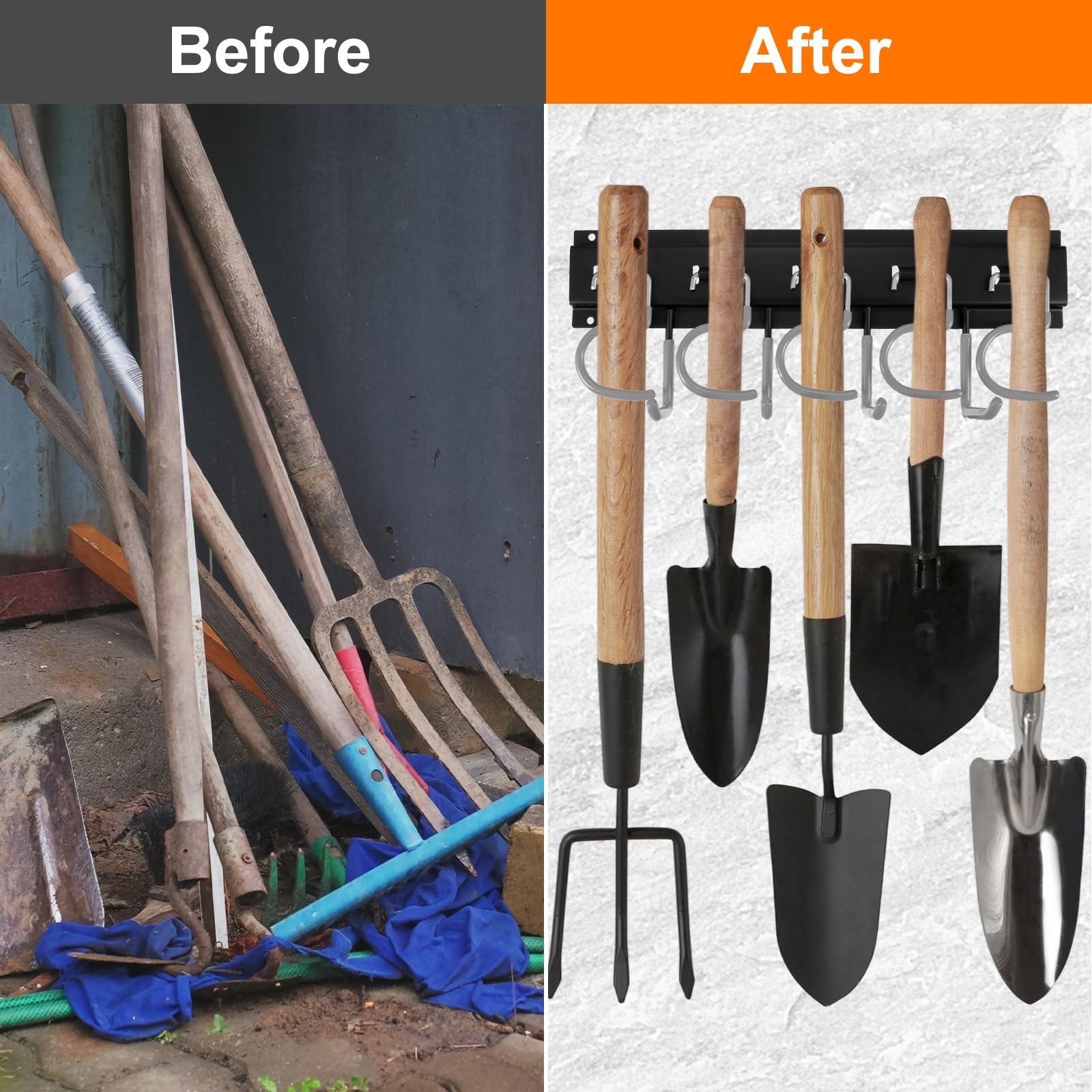 QUARKZMAN Portaherramientas de Jardín Kit, Soporte Metálico de Pared Empalmable con Ganchos Gris para Herramientas Colgador para Escobas Fregonas Sótano Garaje, 164cm Largo Total