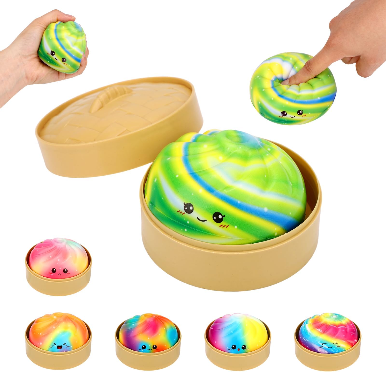 – Giant Round Head Rainbow Glitter Dumpling Toy, Cute Expressions Soft Giant Dumpling Fidget Squishy with Steamer Box for Adults Birthday Holiday Present (Random Color)