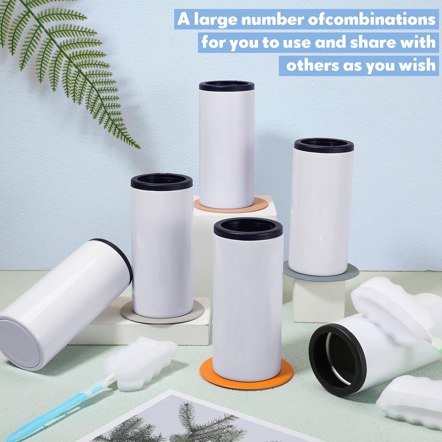 12 Pack Sublimation Can Cooler Blank Skinny 12 oz Valentine BBQ Teacher Back School White Beer Drink Insulated Stainless Steel Bottle Slim Tumbler Beach Holder with Brush Coaster Wedding Gift - Image 7