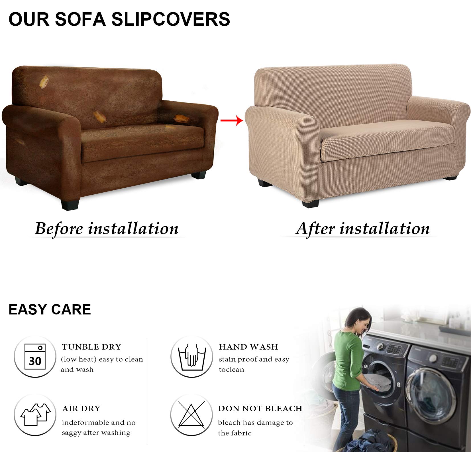 TIANSHU Fodera per Poltrona, Copri Poltrona 2 Posti Elasticizzato Jacquard Antiscivolo Copertura Poltrona Fodere Copridivani Contiene 1 copridivano e 1 coprisedile Divano (2 Posti, Sabbia)