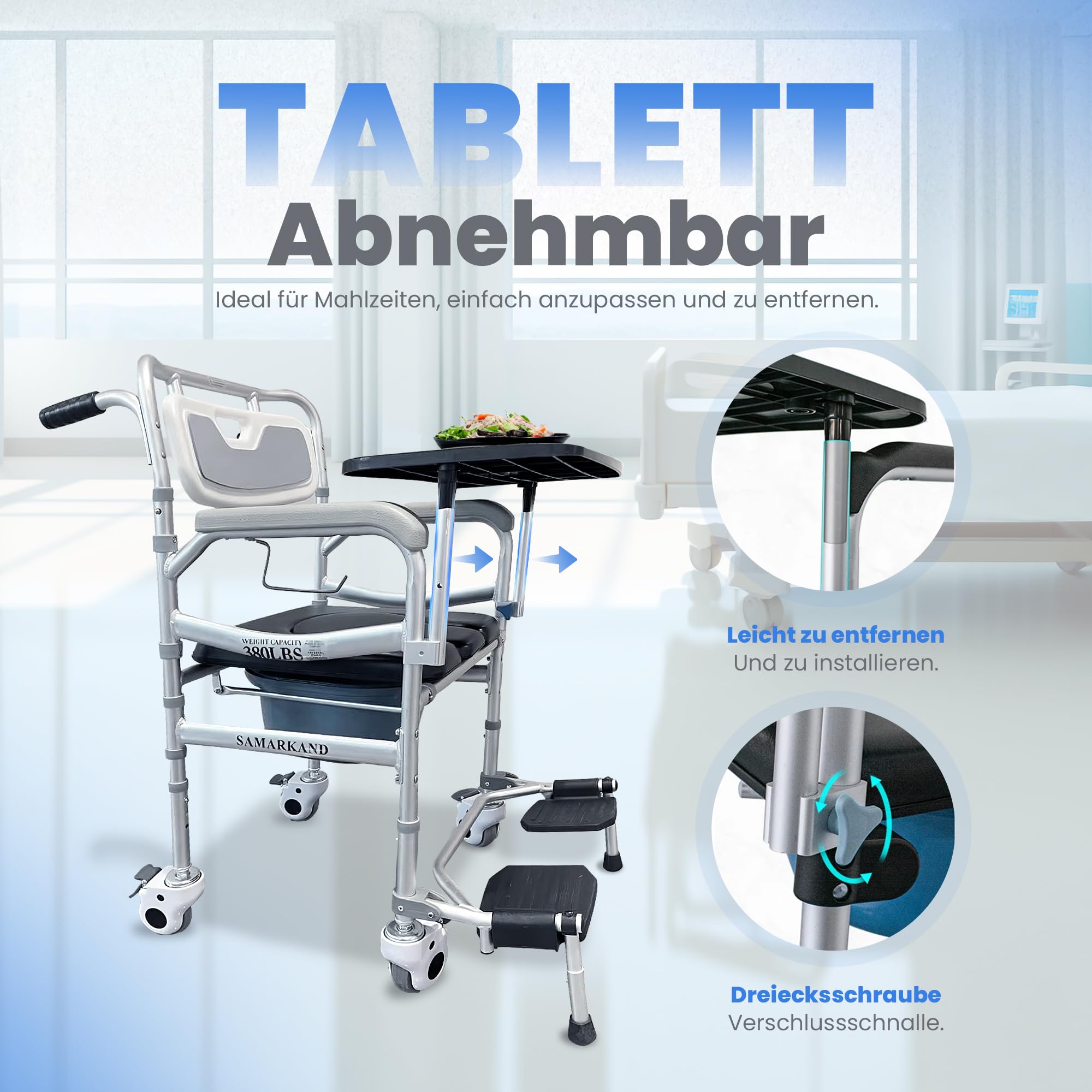 Toilettenstuhl Für Senioren 3-1 Tablett & Toilettenhocker – Duschstuhl Mit Rollen Erwachsene, Komfortabler Toilettenstühle – Toilettenstuhl Fahrbar Alltag, Pflege, Bad Duschrollstuhl Nachtstuhl