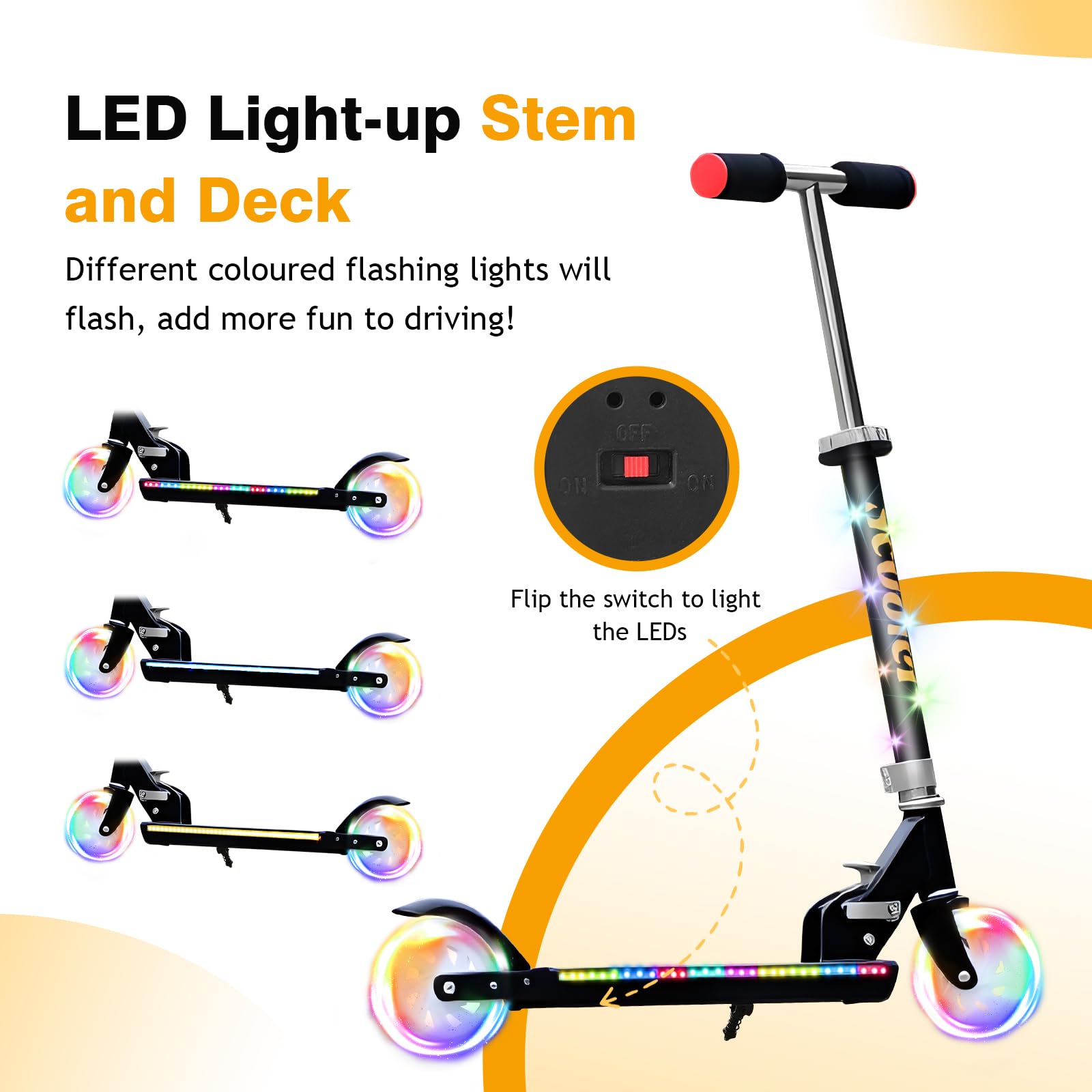 YEE RUN Monopattino Bambino, Con Luci LED Fresco, Pieghevole, Freno ruota posteriore, 3 Altezza Regolabile, Monopattino Bambini da 3-12 anni, 4 Pollici Grandi Ruote per - 50KG Max.