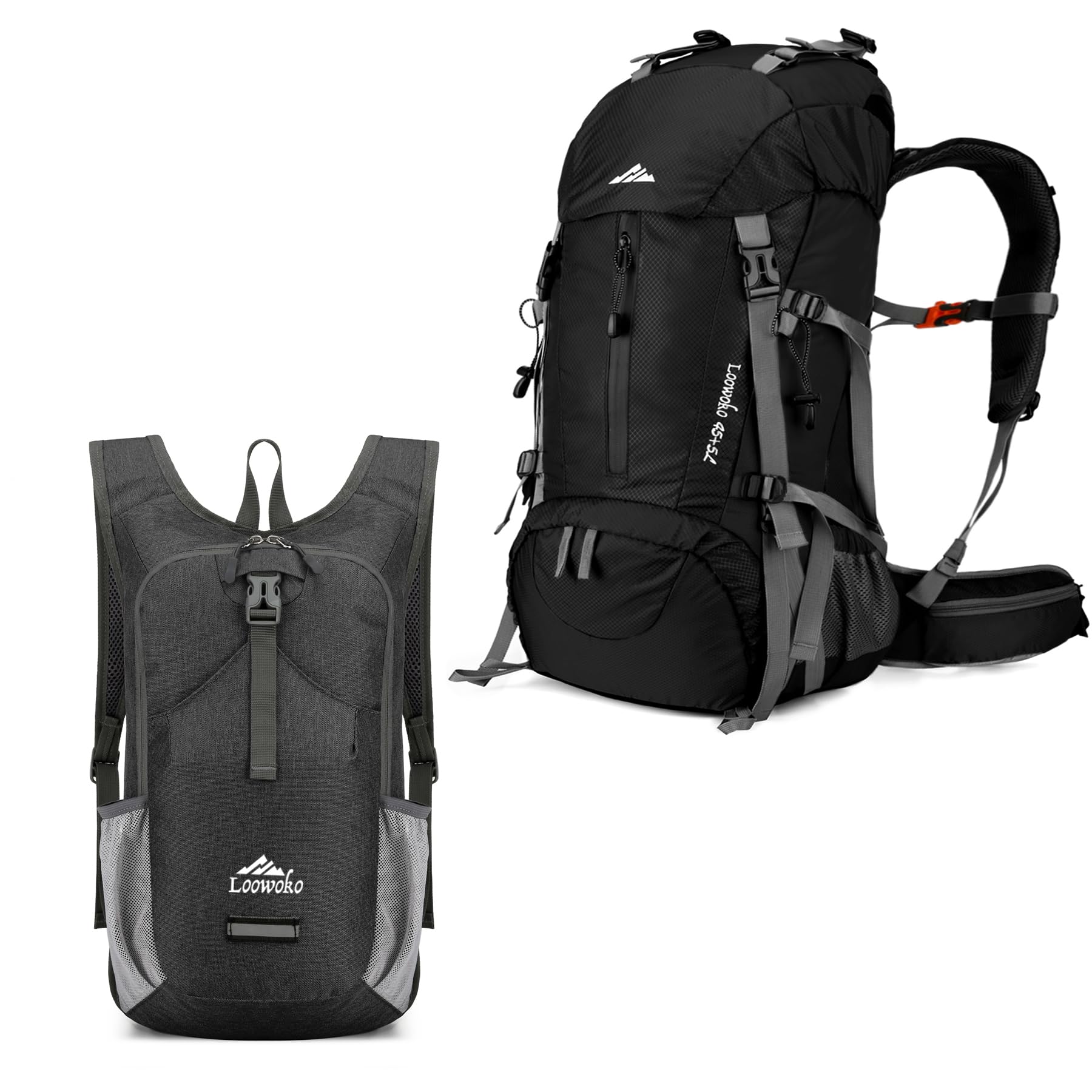 LoowokoHiking Backpack/Packable Backpack, 50L Black + 20L Black
