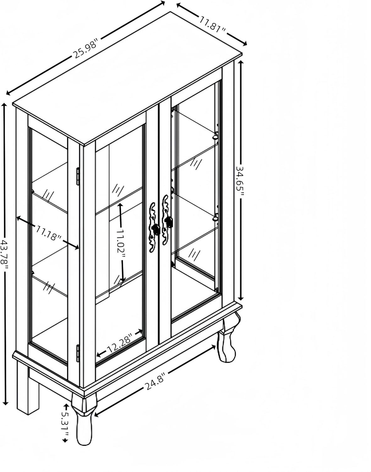 Oak Wood Display Cabinet with Glass Doors, Traditional Style, Lighted Curio Storage Unit, 25.9x11.8x43.7 Inch