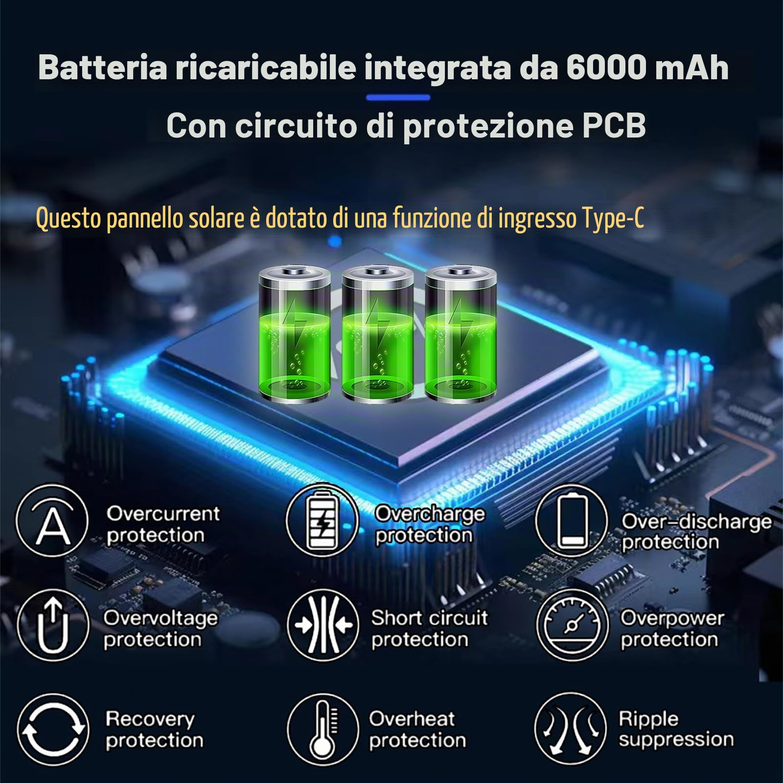 Pannello solare da 3W/5V con batteria integrata da 6000mAh, porte DC/USB-C/Micro USB, ricarica multi-dispositivo, compatibile con Ring, eufy, Reolink, Blink e altre telecamere, nonché dispositivi a