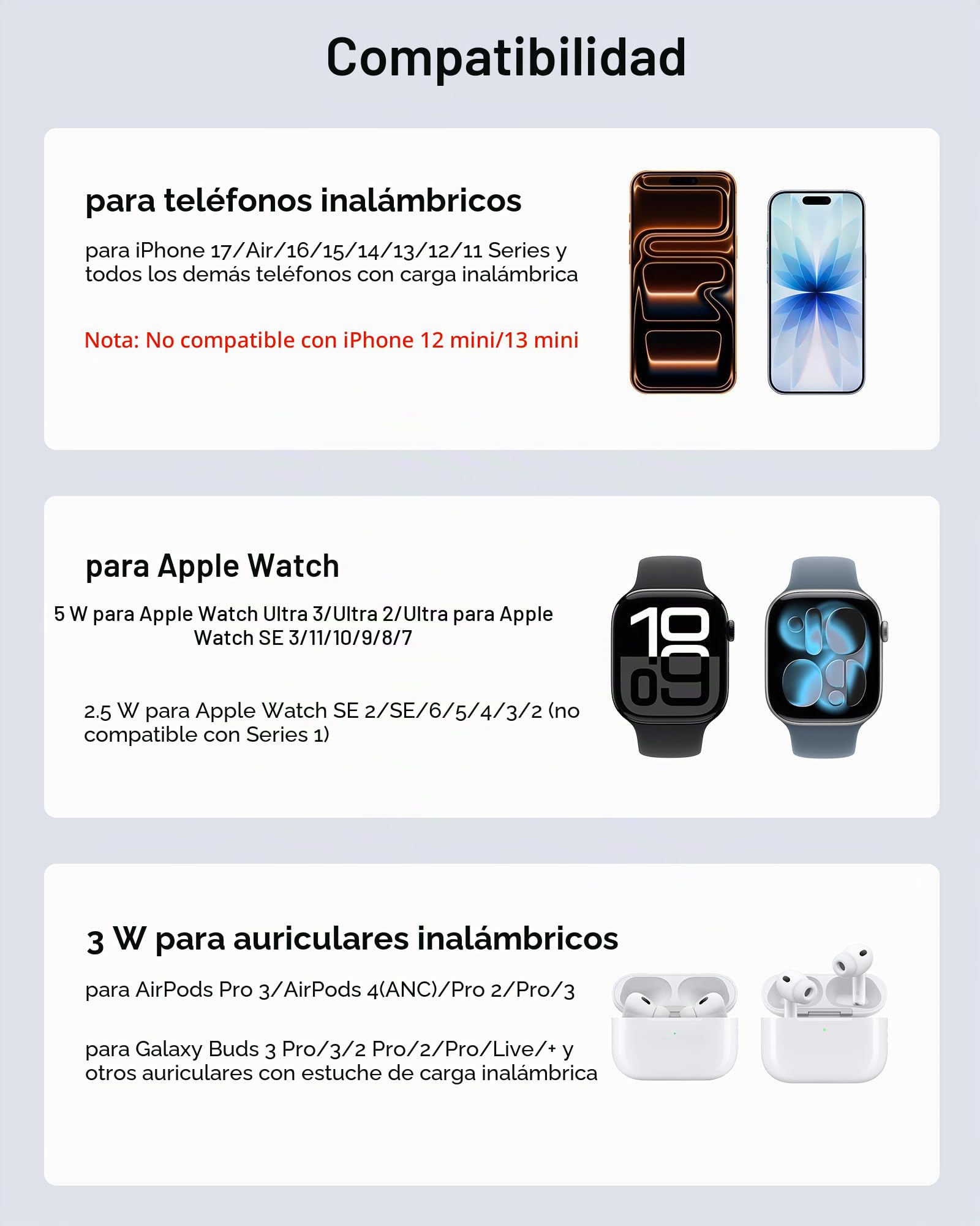 Cargador Inalámbrico para iPhone, SwanScout 703A, Estación de Carga para iPhone 17/16e/16 Pro Max/16 Pro/15/14/13 Serie, 3 en 1 para Apple Watch Ultra 2/10/9/8/7/Air-Pods, Sin Adaptador (Gris Tecn)