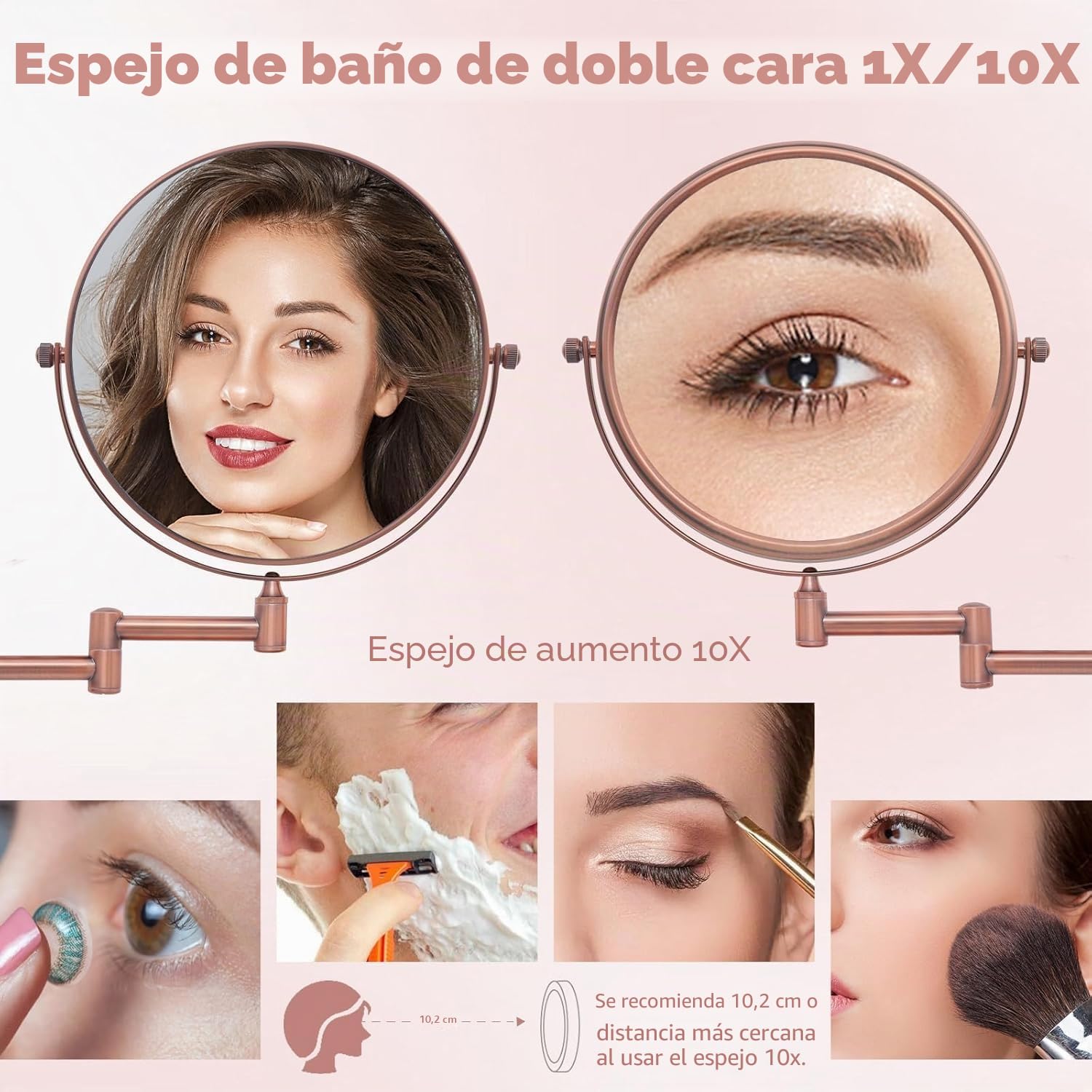Nicesail Espejo de maquillaje para pared, color oro rosa mate, con aumento, 10 aumentos, espejo de aumento para baño, espejo de afeitar extensible, diámetro 20 cm