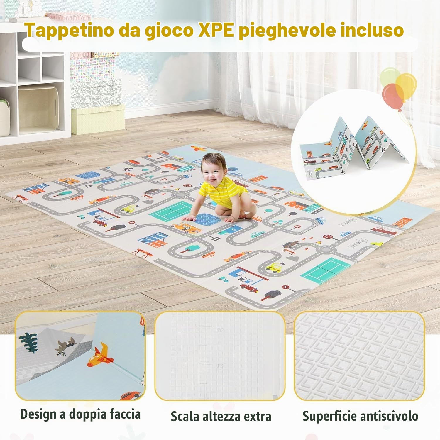 FANTASK Box per bambini pieghevole con materasso 189 x 158 cm, box con 50 palline e 4 maniglie (grigio chiaro)