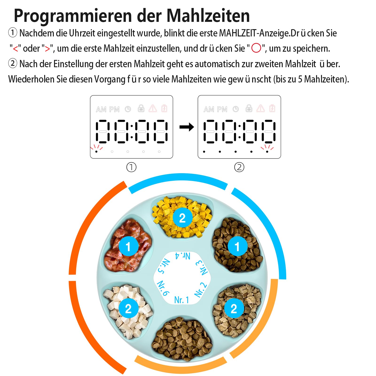 Ownpets 6 Mahlzeiten Automatischer Katzenfutterautomat für Nass-/Trockenfutter, mit 2 Kühlakkus, programmierbarer zeitgesteuerter Tierfutterautomat, Auto Feeder für Katzen,kleine Hunde