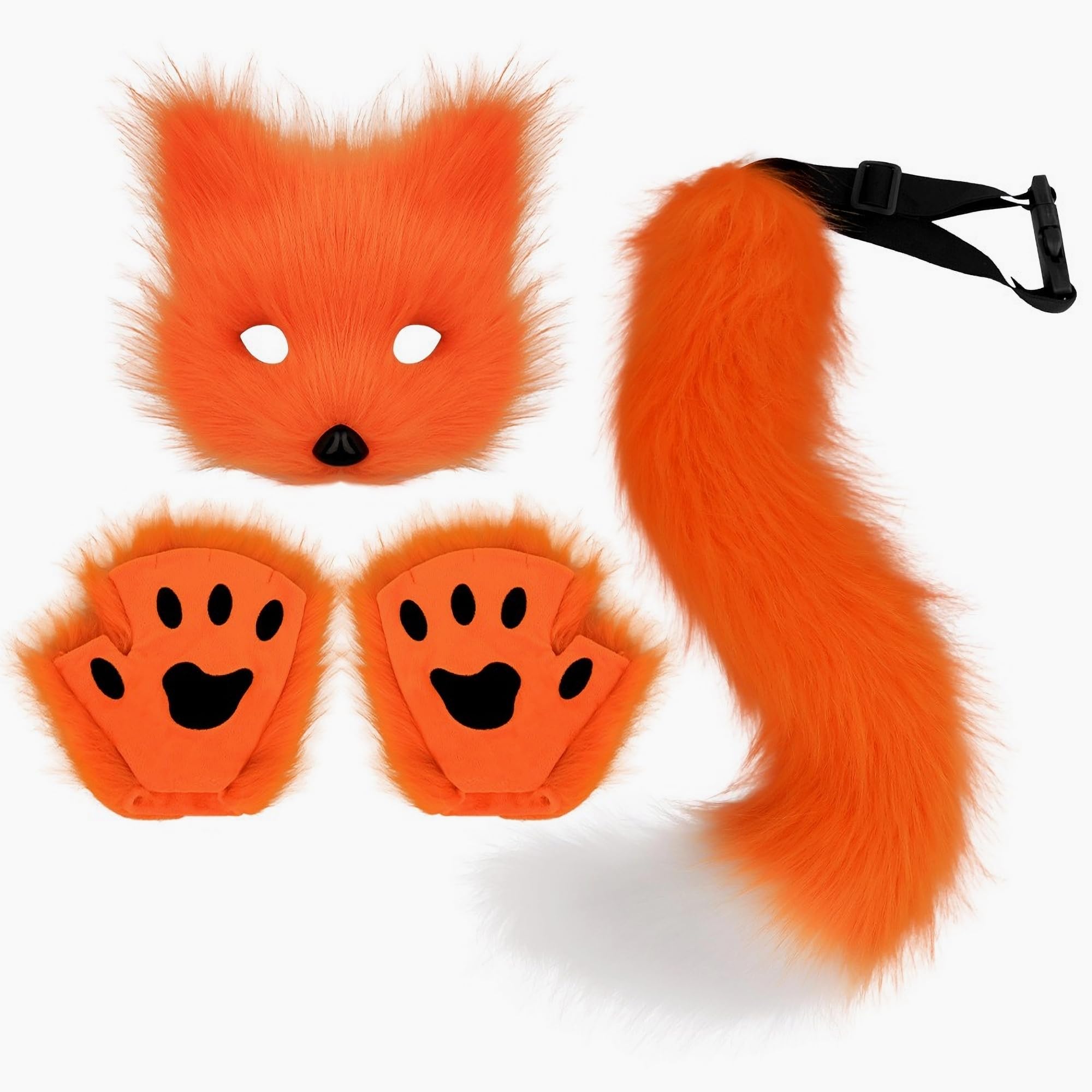 Therian Mask Tail Gloves Paw Set Animal Gear Cat Fox Wolf Masks Dress Up Cosplay Party Women Furry Faux Fur Fingerless (Orange)