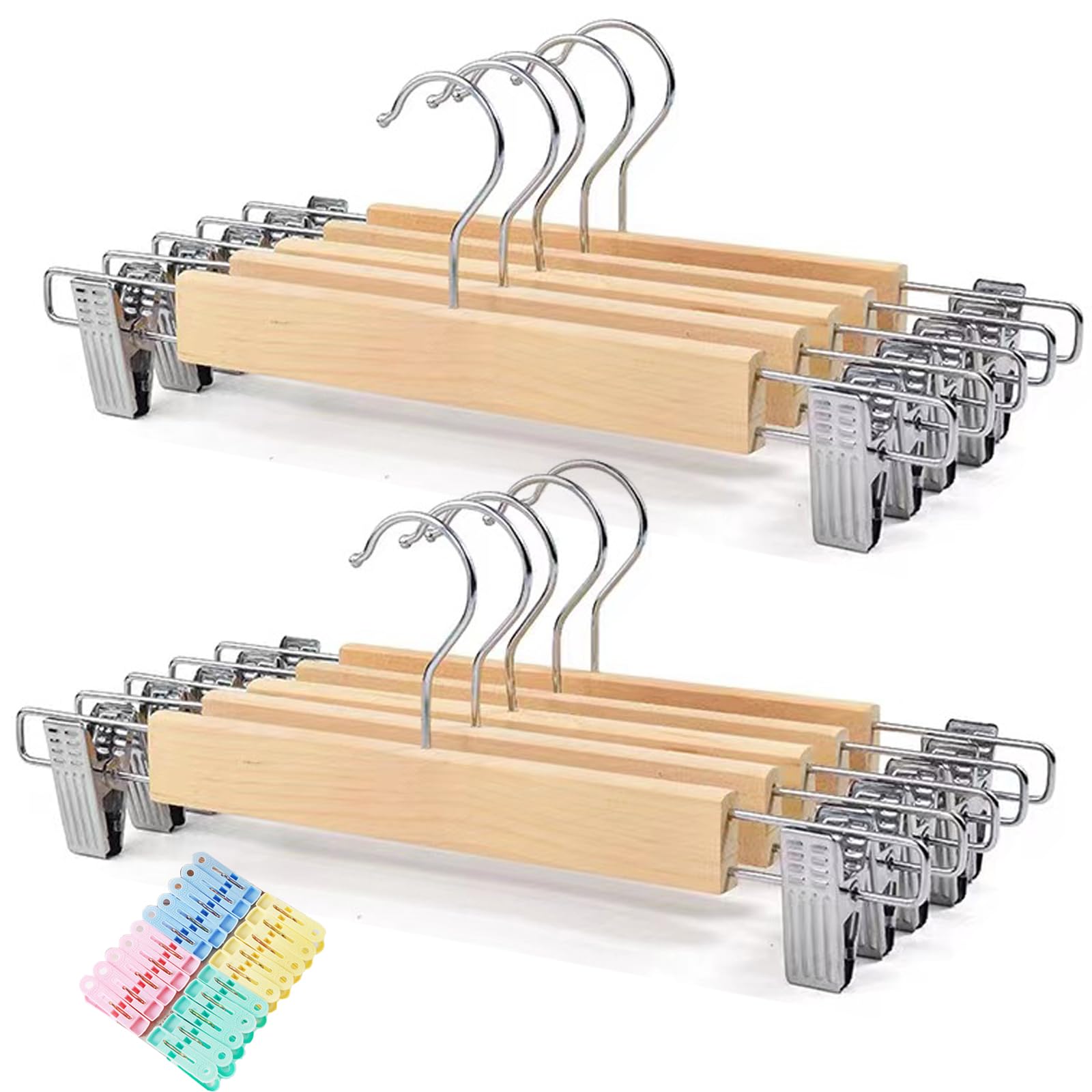 IS MUHE Wooden Pants Hangers, Pants Hangers with Clips, Adjustable Anti-Rust Metal Clips, 360° Swivel Hook, Skirt Hangers for Pant, Skirts,Heavy Duty Jeans Hangers (10)