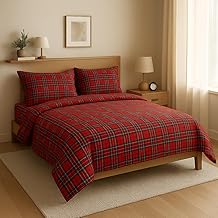 INTRECCI Red Scottish Christmas Bedding Set, Bedding Set and Pillowcases in Pure Cotton Christmas Tartan Design for Double Bed