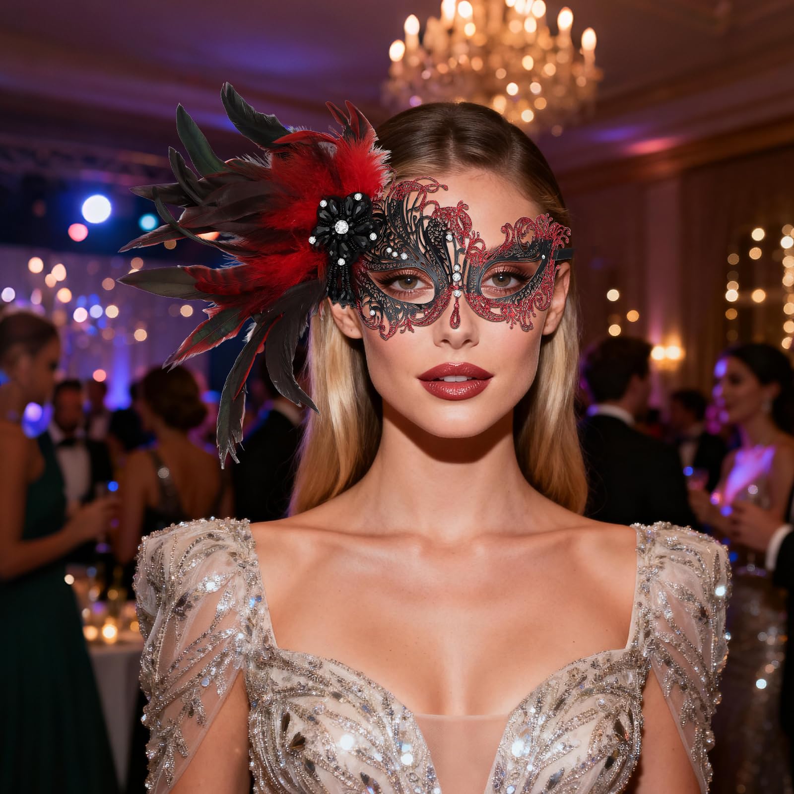 JewelryWe Women's Feather Masquerade Mask: Venetian Antique Mardi Gras Half Face Masks with Rhinestone for Costume Parties - Image 2