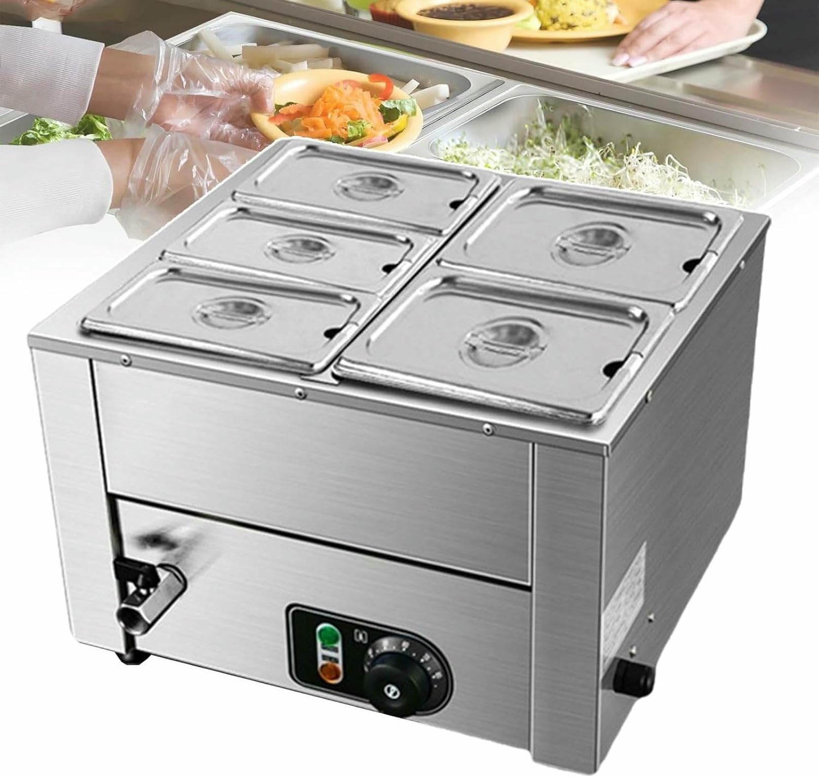 Scaldavivande Elettrico da 18 Litri, Vassoio Scaldavivande Portatile per Buffet E Riscaldamento con 3/4/5/6 Coperchi Staccabili, Scaldavivande con Tavolo A Vapore per Uso（5Lids）