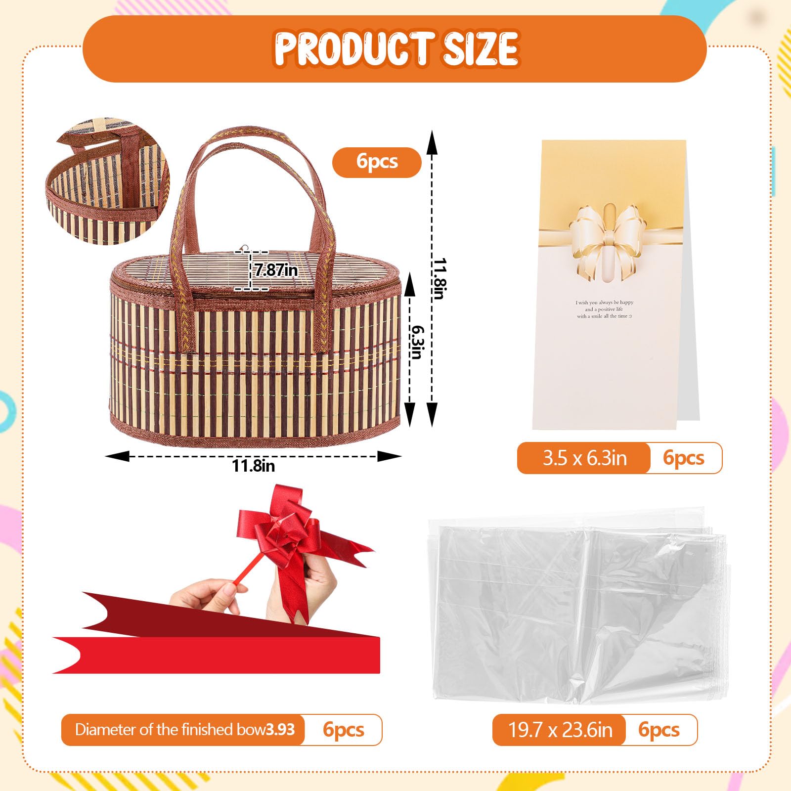 Tioncy 6 Set Baskets for Gifts Empty Bulk Large Woven Bamboo Gift Basket Kit with Handles, Clear Cellophane Wrap Baskets for Baby Shower, Birthday Party Wrapping Gift Bags Cards(Yellow)