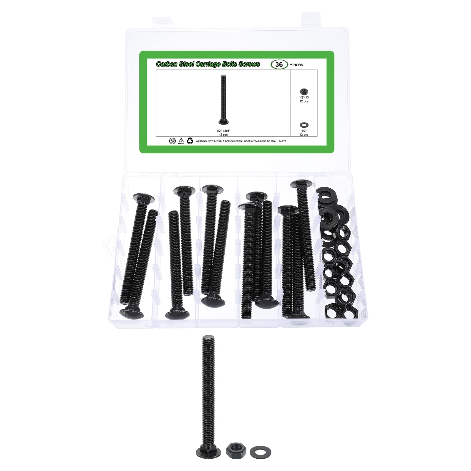QUARKZMAN 12 Set Kit Bulloni A Testa Tonda Con Collare Quadrato E Dadi, 1/2"-13x5" Bulloni In Acciaio Al Carbonio A Testa Tonda Con Collare Quadrato E Dadi Esagonali E Rondelle Piatte - Nero