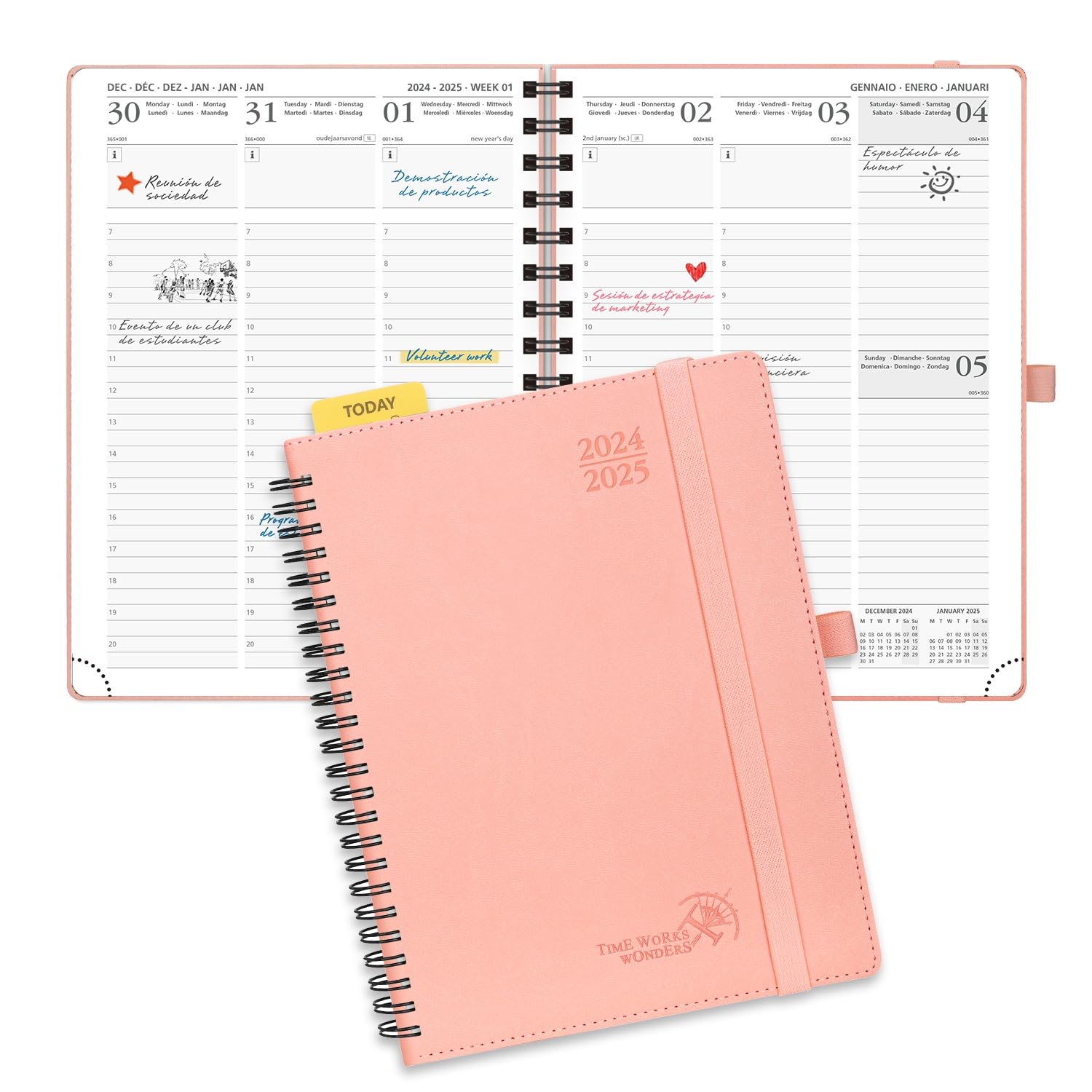 POPRUN Agenda 2024 2025 Semana Vista 22 x 16,5 cm, Agenda Semanal 17 Meses de Ago.2024 - Dic.2025, Planificador en Espiral, Tapa Blanda, 80 GSM Papel Certificado FSC®, Rosado