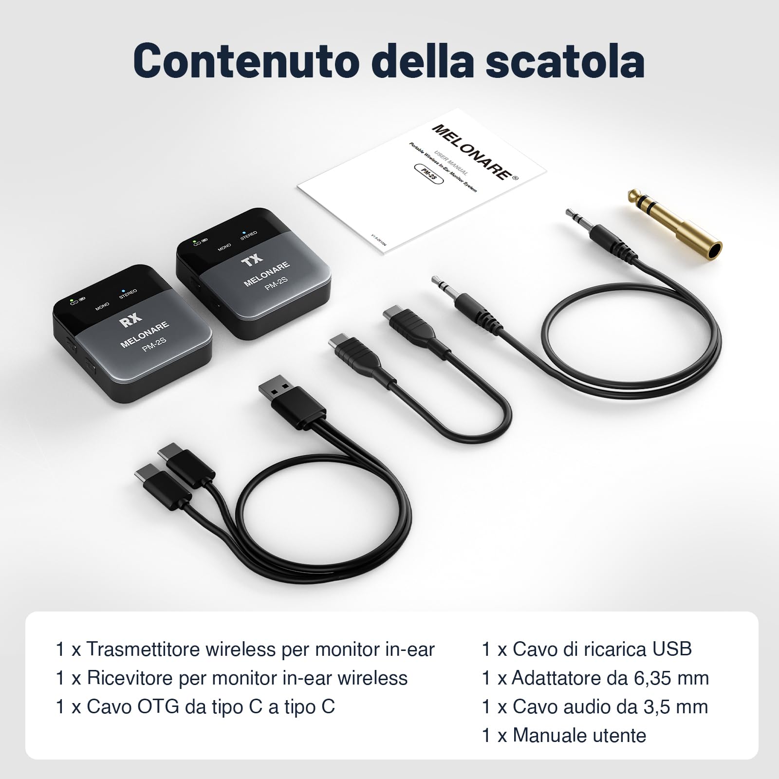 MELONARE PM-2S Sistema di monitoraggio wireless portatile in ear, interruttore mono/stereo, trasmettitore e ricevitore wireless, audio 24bit/48kHz, ingresso OTG, IEM per spettacoli dal vivo