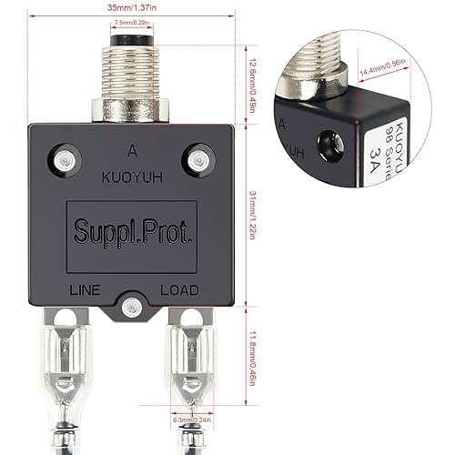 Miniatura 7 de Interruptor automático de 3 amperios con botón pulsador, comprobador de fusibles, reinicio manual de 32 V, protección de bajo voltaje con tapa