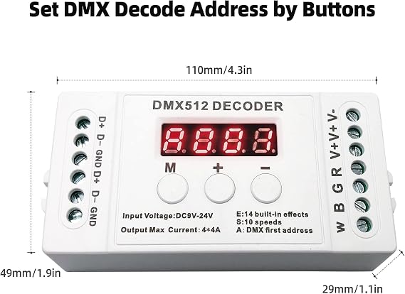 GIDEALED 4 Channel DMX Decoder with RDM Digital Display,DMX512 Dimmer Driver PWM RGBW LED Controller for RGBW LED Strip Light LED Module Light Input 9V-24VDC