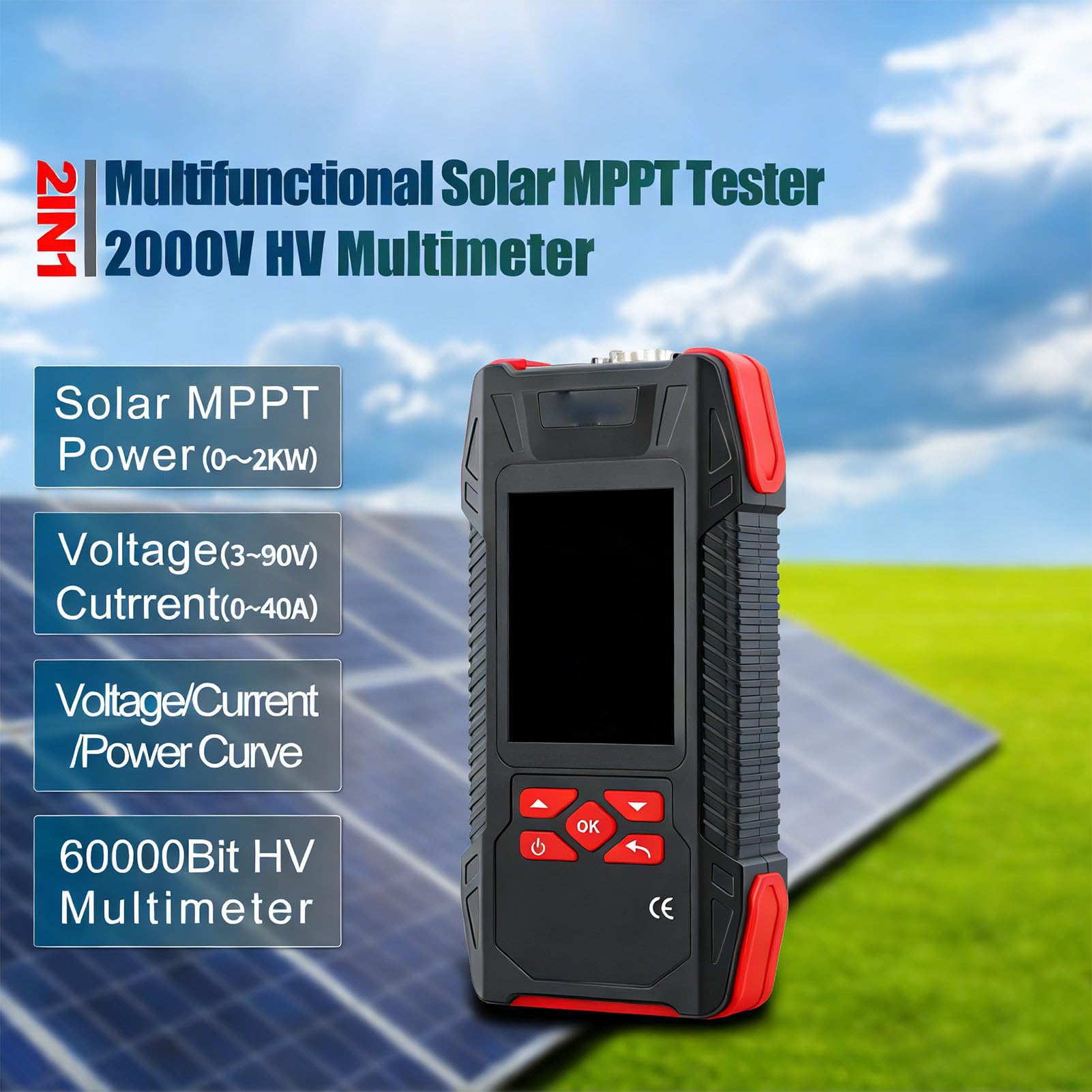 Tester per Pannelli Solari, Misuratore MPPT Intelligente di Potenza Massima 2000 W Tester per Moduli Fotovoltaici con Display LCD da 3,2 Pollici Retroilluminazione Mantenimento Dati per
