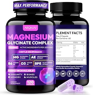 Magnesium Glycinate Complex 1150mg - Gentle on Stomach High Absorption Magnesium Capsules with Citrate, Silica, Ashwagandha & Vitamin B6 for Zzz, Stress Relief, Muscle Support for Adults, Women & Men