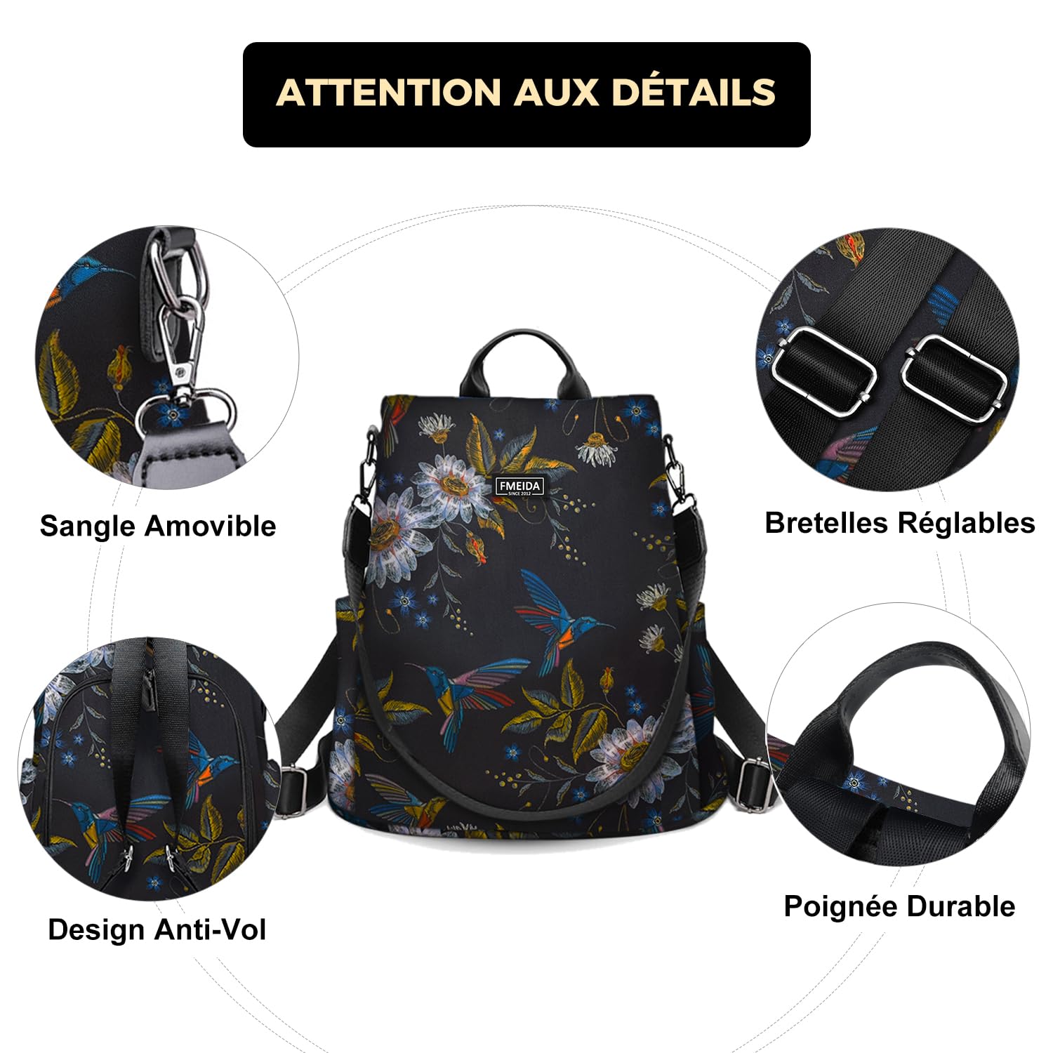 Fmeida Sac a Dos Femme Anti-vol Sacs à Main Portés Épaule pour Fille École Collèges Voyage Shopping