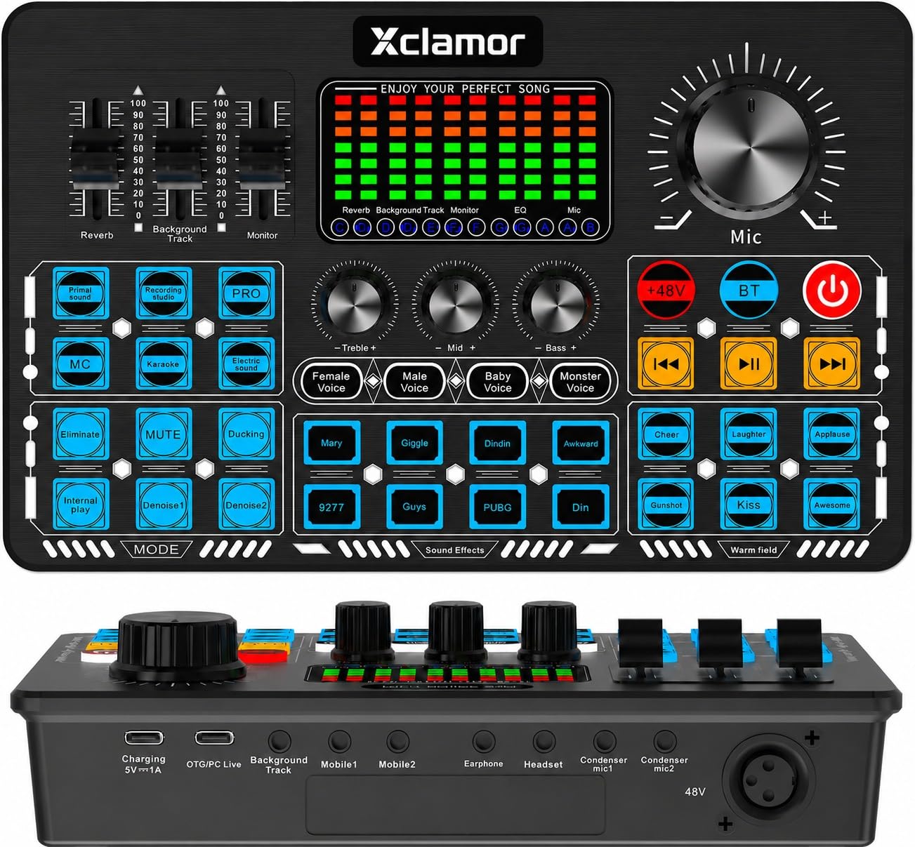 48V Phantom Power Professional Sound Card & Audio Mixer for Live Streaming & Home Recording Studio with BT, 4 Voice Change Modes, DeNoise, 2 Condenser Mic Inputs, PC Outputs.-image-7