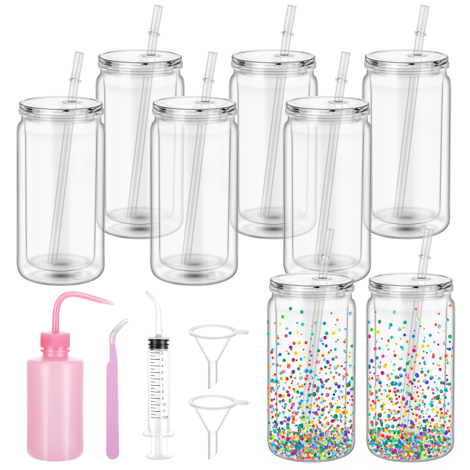 Juego de 8 vasos de bolas de nieve de plástico de doble capa con tapas | Vasos acrílicos transparentes de 16 onzas con tapones de silicona y botella exprimible para llenar y sellar