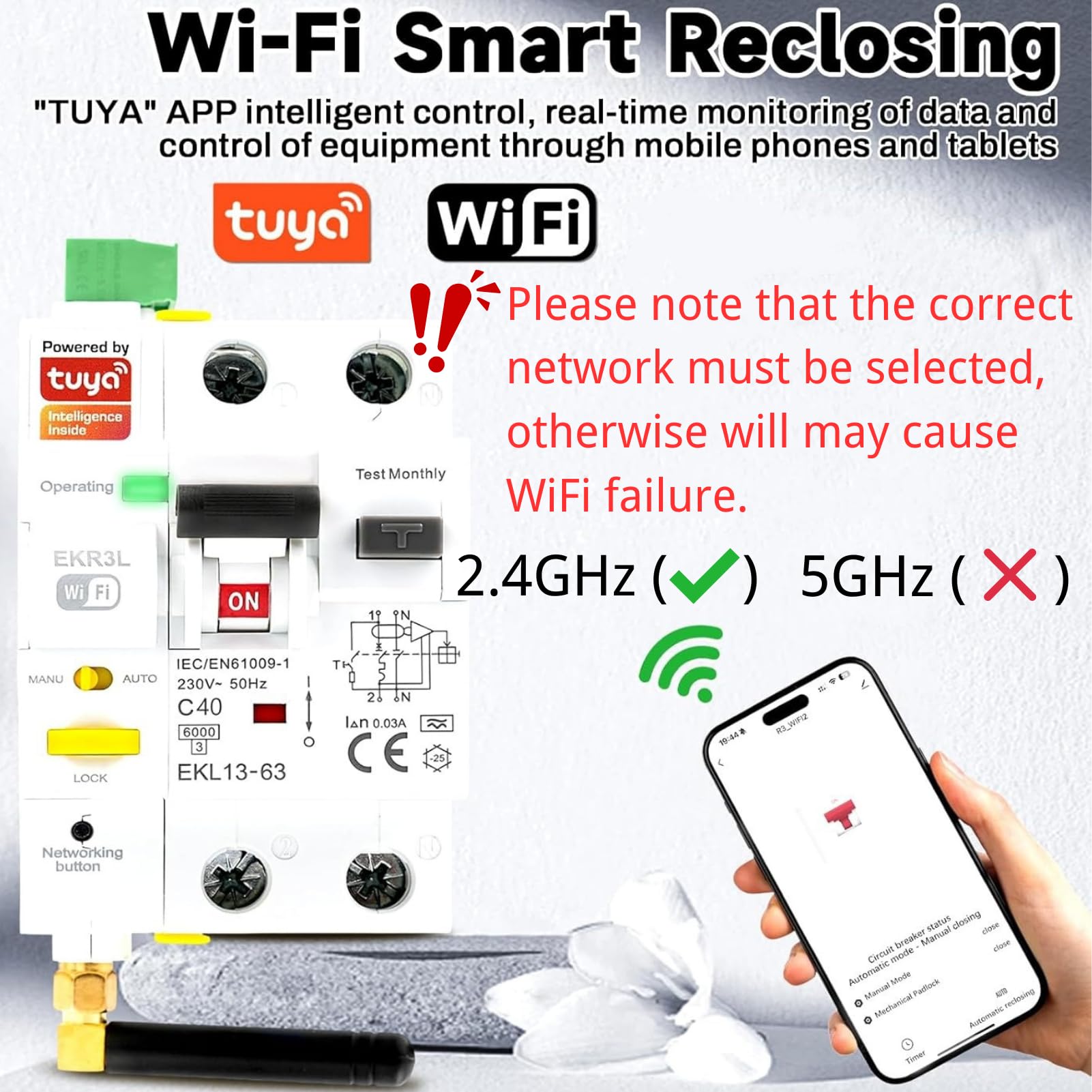 Jadeshay Disjoncteur Differentiel 30ma 40A 2 Pôles A Type Disjoncteur Intelligent RCCB Dispositif à réenclenchement Automatique WiFi AC230V Contrôle TUYA (GKR3L)