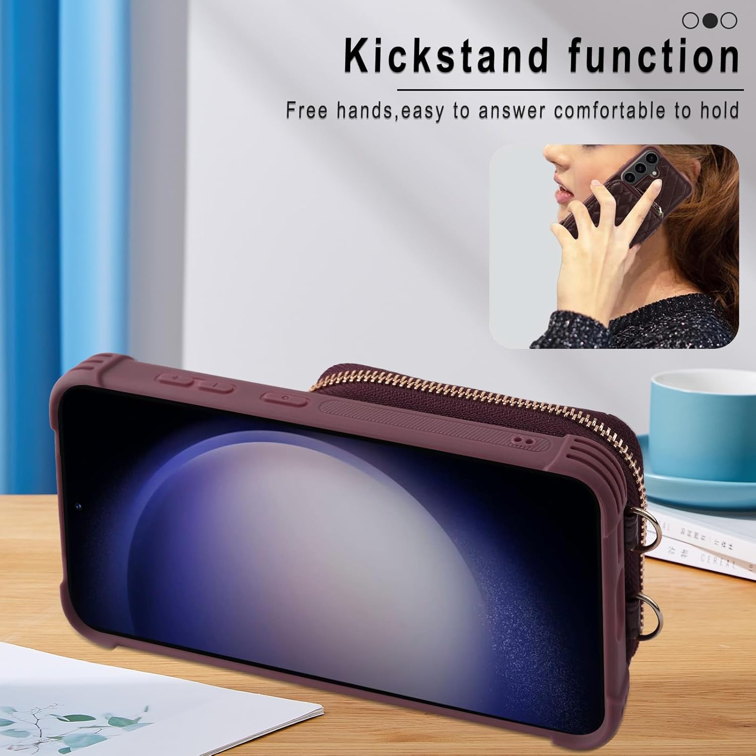 MONASAY Crossbody Wallet Case Compatible for Samsung Galaxy S24+ Plus 6.7 inch[Glass Lens and Screen Protector]Zipper Leather Phone Cover with Card Holder and Handbag Shoulder Lanyard Strap, Burgundy