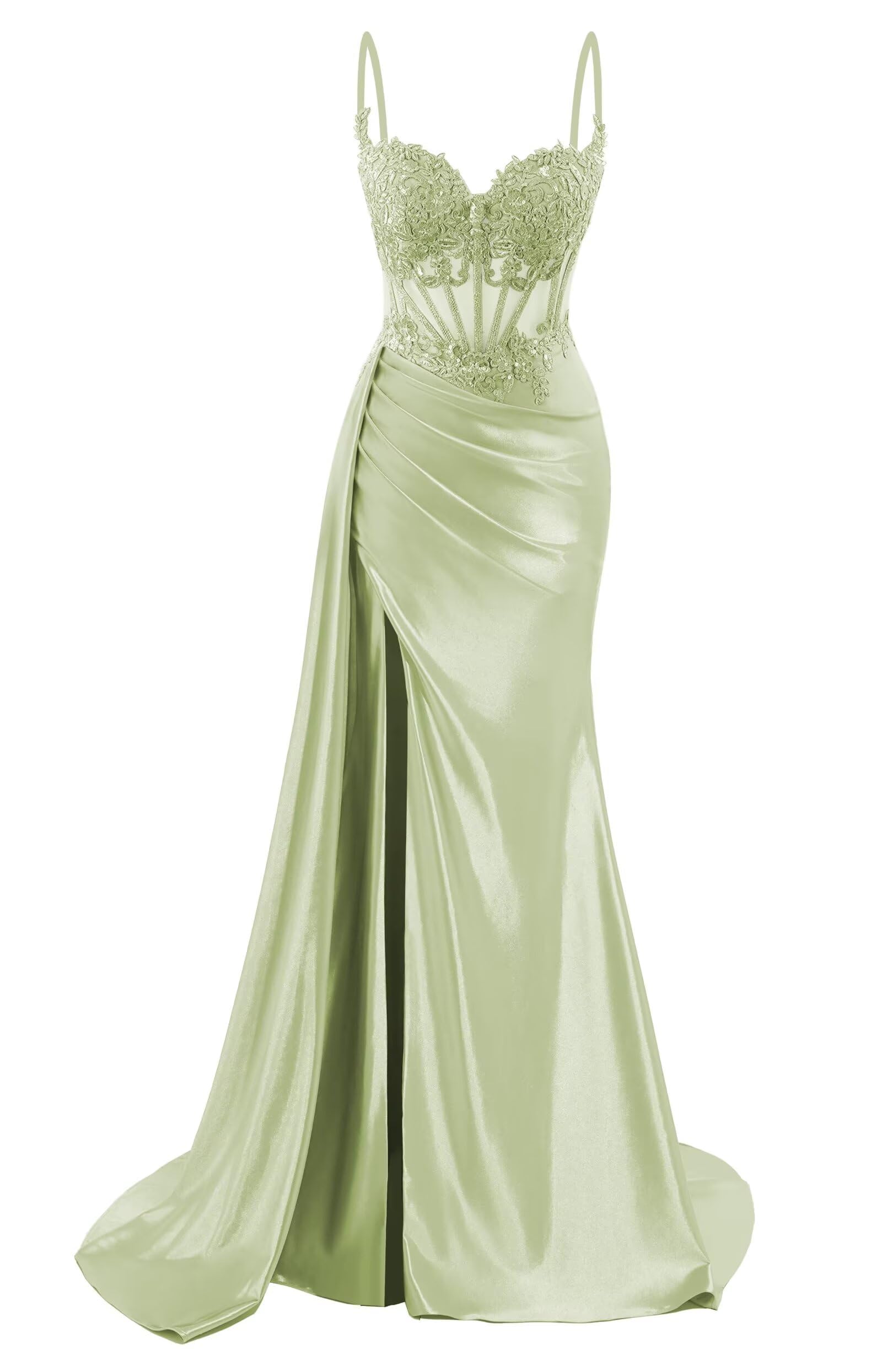 Hppee Women's Sage Green Satin Prom Dresses For With Lace Applique Side Slit Long Formal Celebrity Pageant Evening Gown Uk6