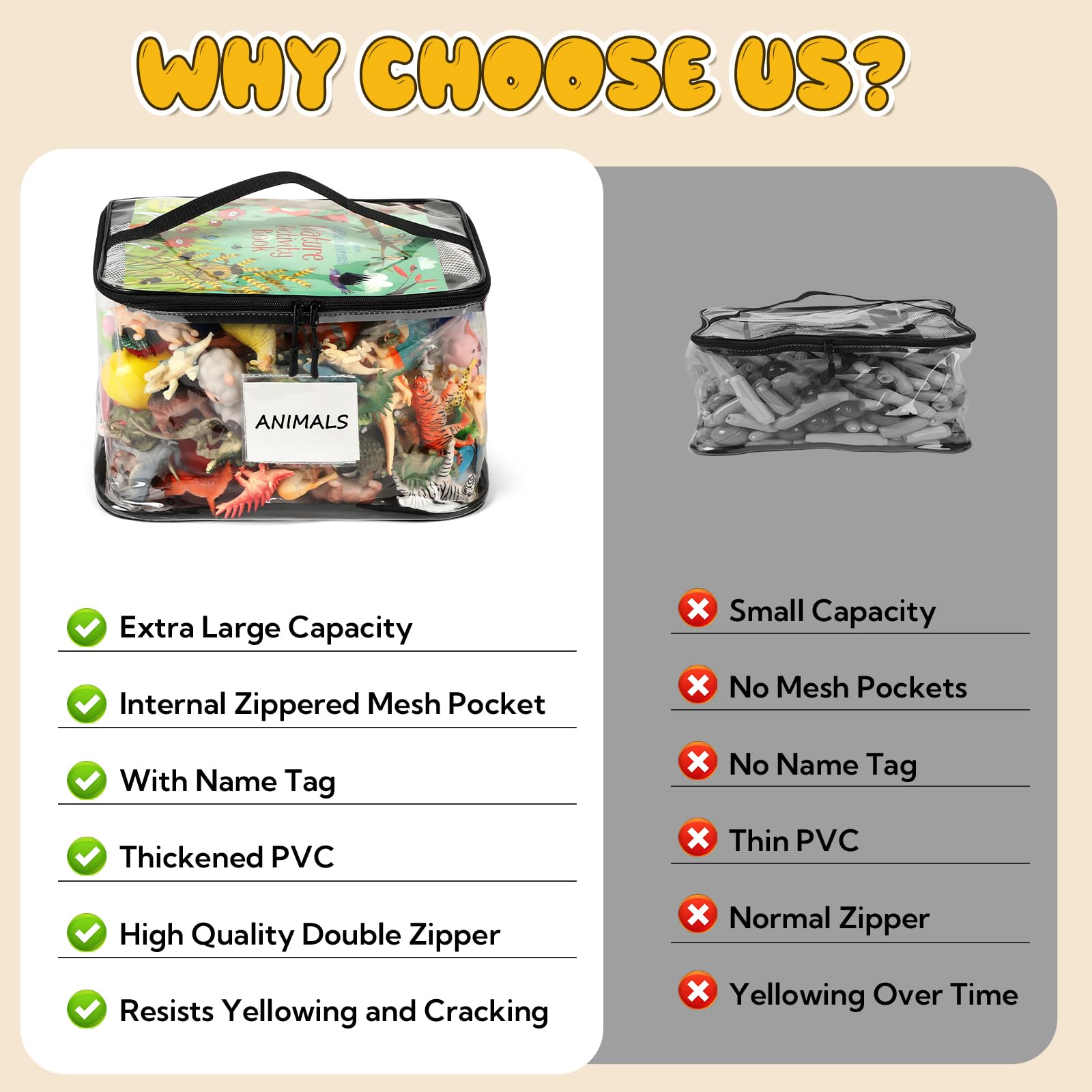 Paquete de 8 bolsas de almacenamiento de juguetes transparentes extragrandes con etiqueta de nombre y bolsillo manual, bolsas organizadoras de juguetes de PVC transparente impermeables con cremalleras