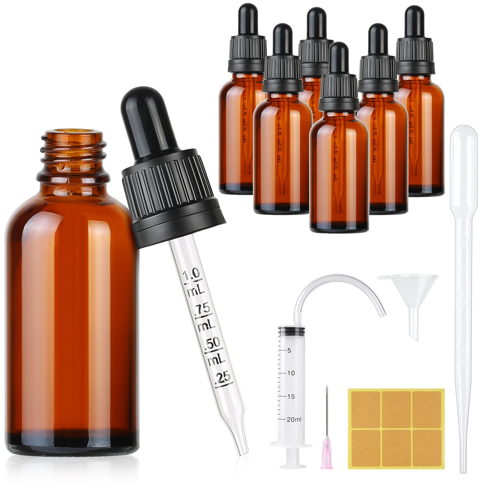 6 Pezzi Boccette Vetro Contagocce, 30ml Flaconi Contagocce in Vetro, Ambrato Bottiglie Contagocce Vetro con 3ml Pipette di Plastica,Siringa per Oli Essenziali Profumi Laboratorio