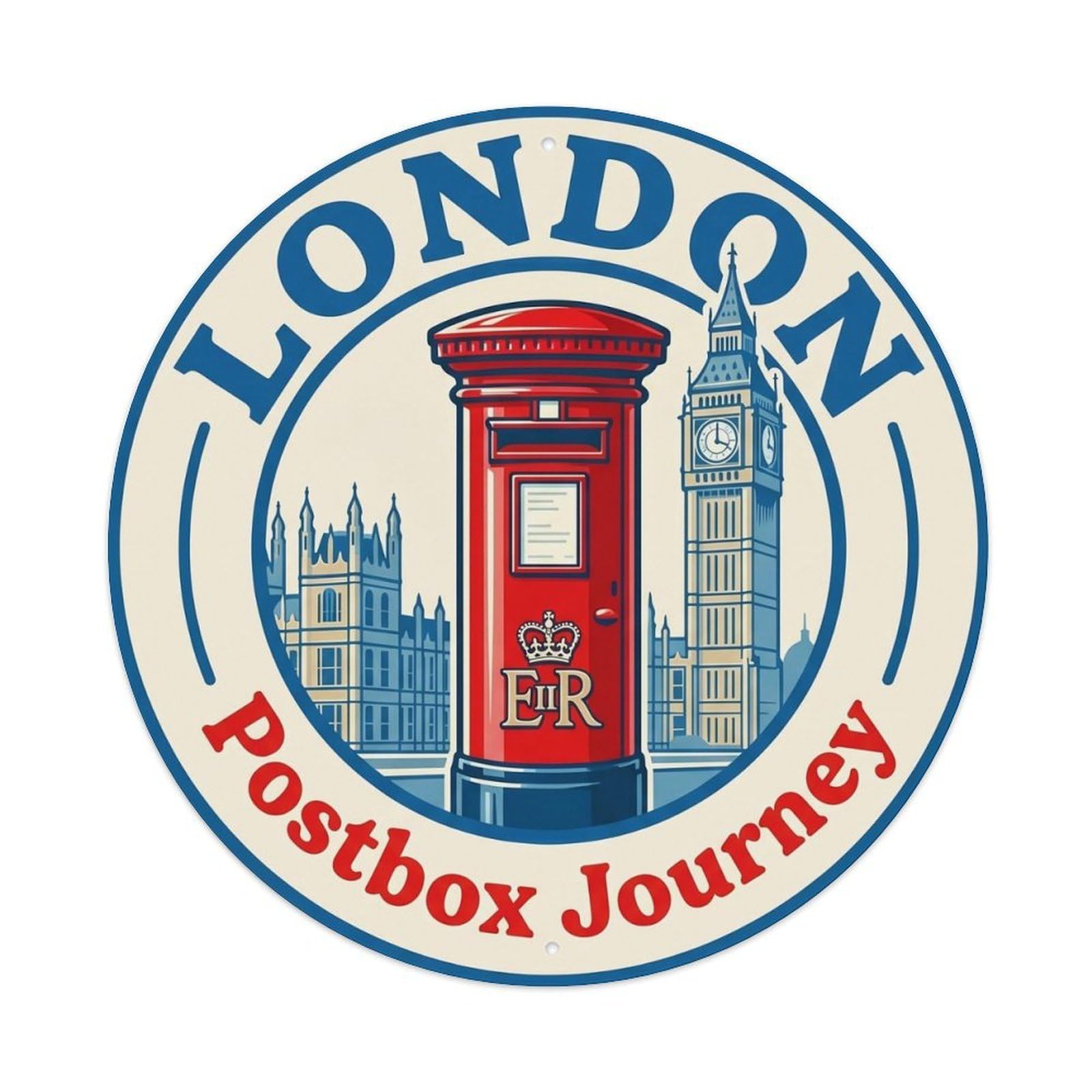 British Postbox Destination Scenery Landmark City Europe Metal Tin Sign Plaque Wall Decor for Cafe, Man Cave, Club Bar, Office, Home Garden Round Metal Poster 8x8Inch