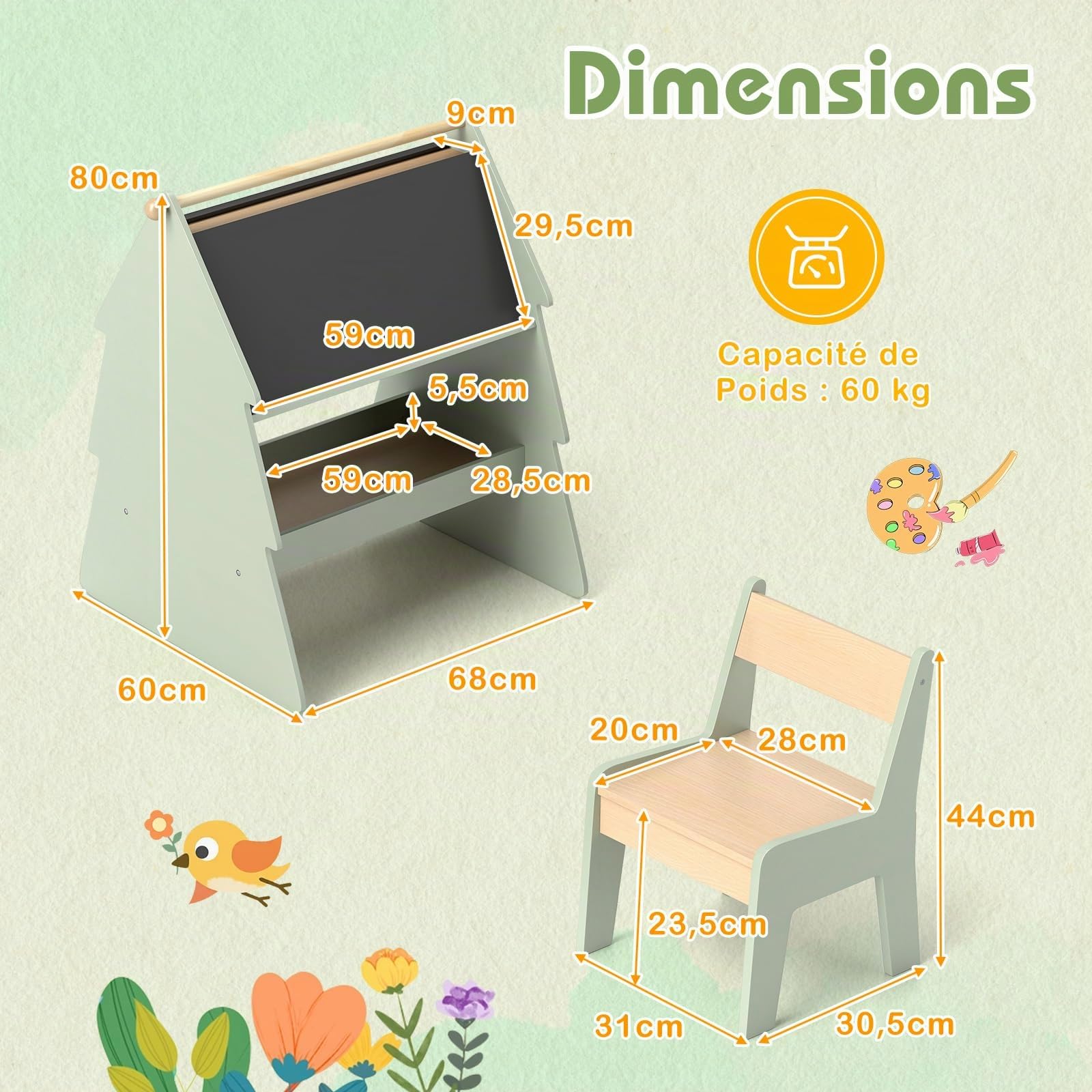 GOPLUS Tableau Chevalet Enfant Double Face en Forme d'Arbre, 2 en 1 Table à Dessin Rouleau de Papier et Étagère de Rangement,