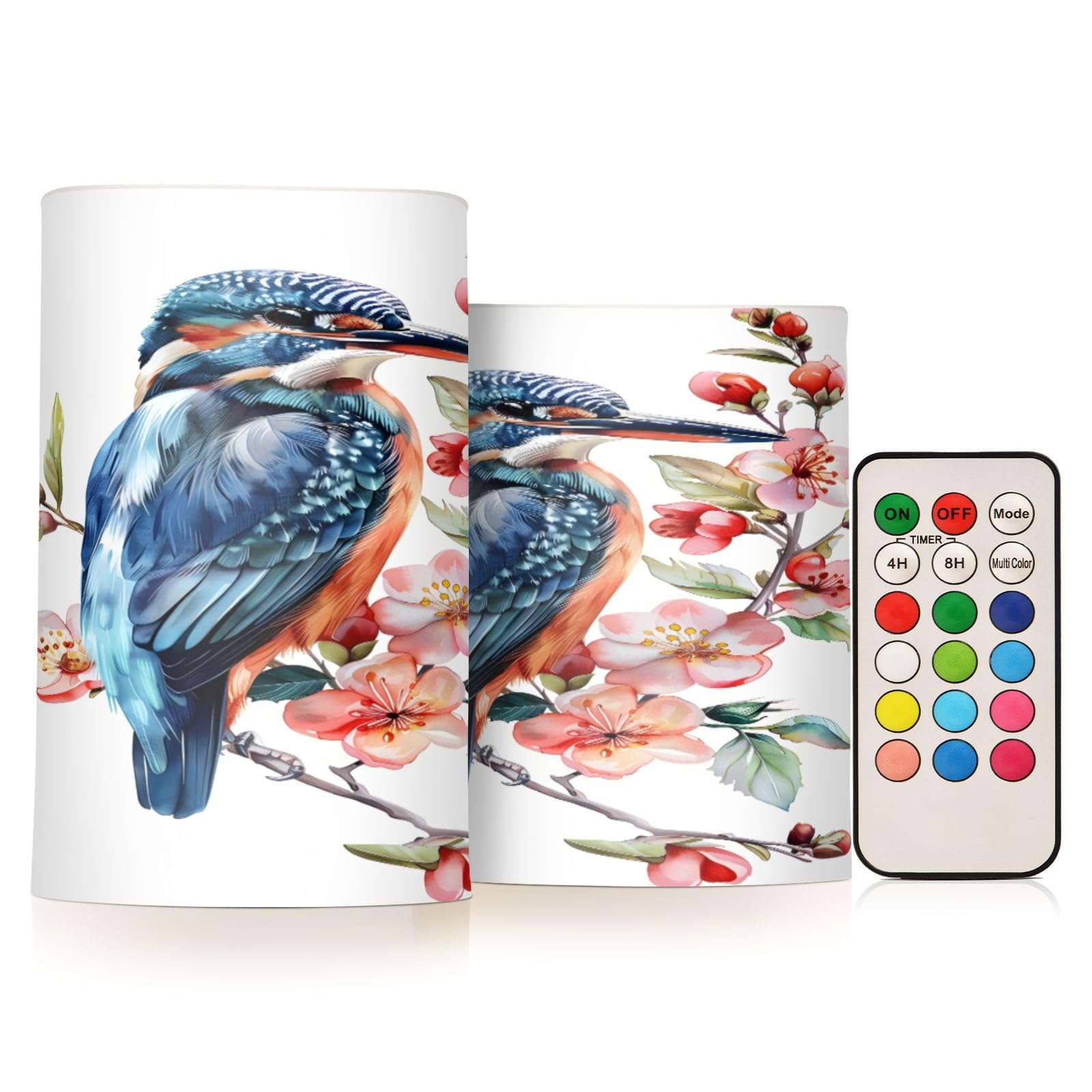 Flickering Flameless Candles Kingfisher Bird with Flowers LED Candles with Remote Timer Set of 2 Battery Operated Candle Home Decoration