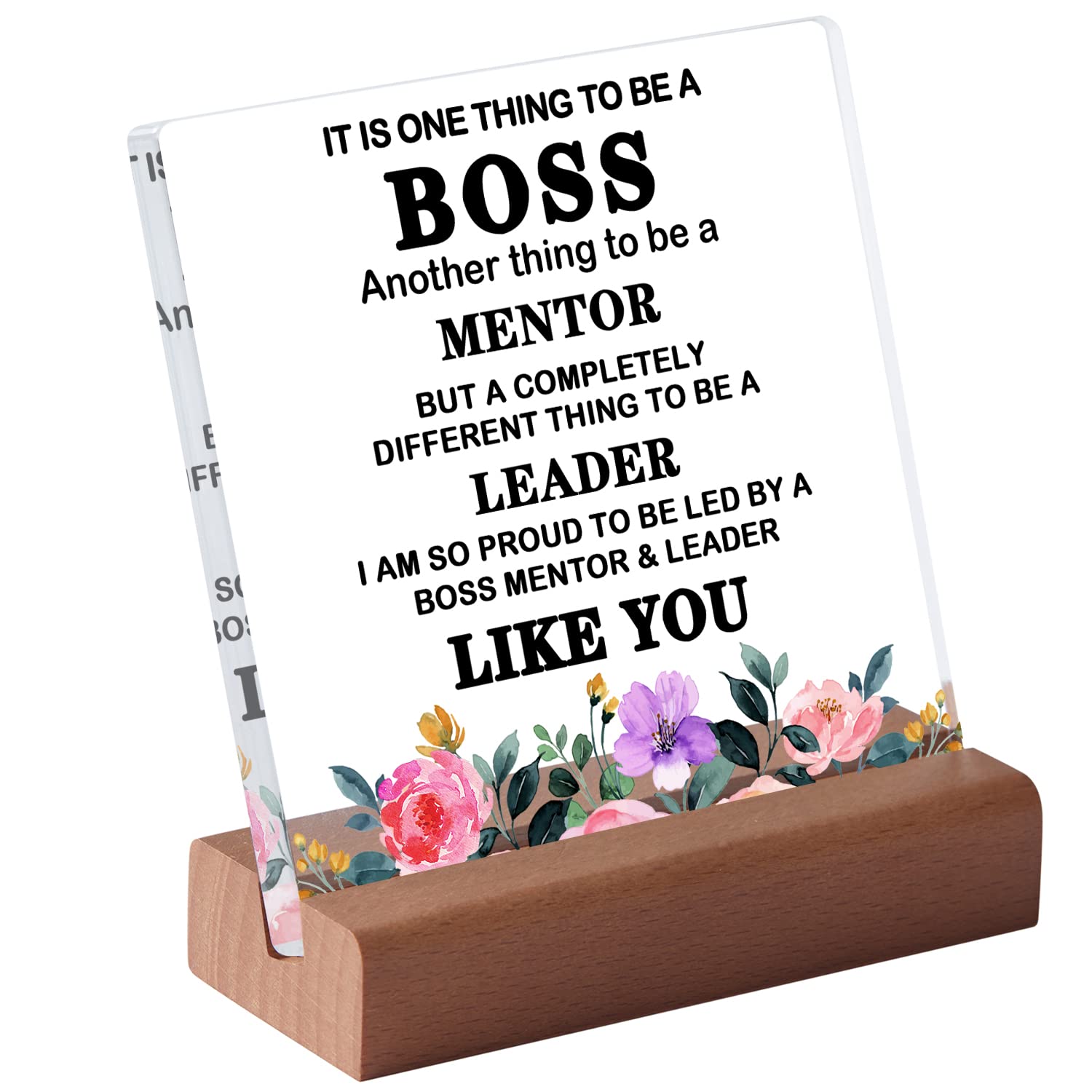 Thank You Farewell Gift for Women Men Boss Leader Retirement Gift Square Acrylic Desk Plaque Sign With Wood Stand Decor for Home Office Desk(Flowers 03)
