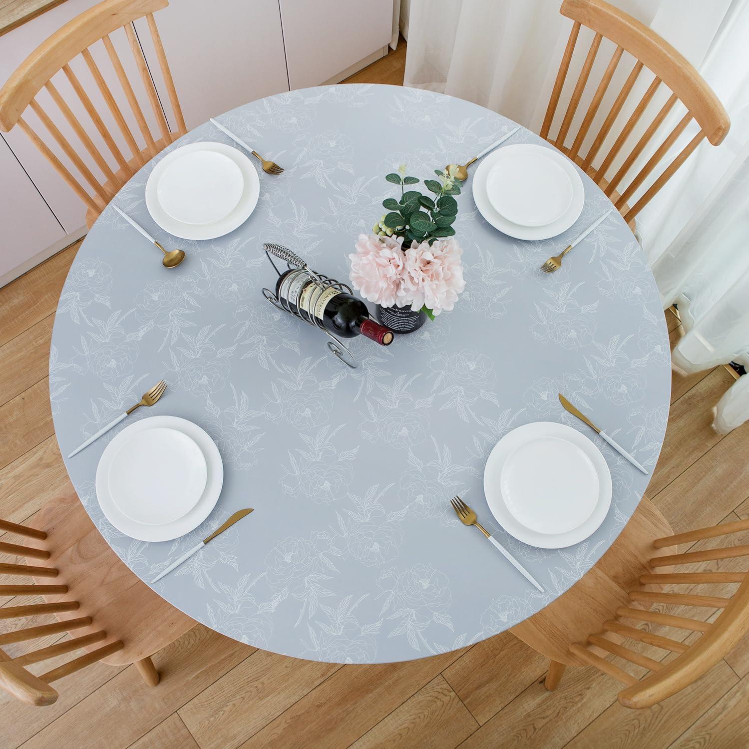NLMUVW Round Fitted Vinyl Tablecloth with Elastic Edge 100% Waterproof Oil Proof Super Elastic Table Cloth Wipe Clean Table Cover for Indoor and Outdoor, Grey Flower, 37"- 54" โ image 1