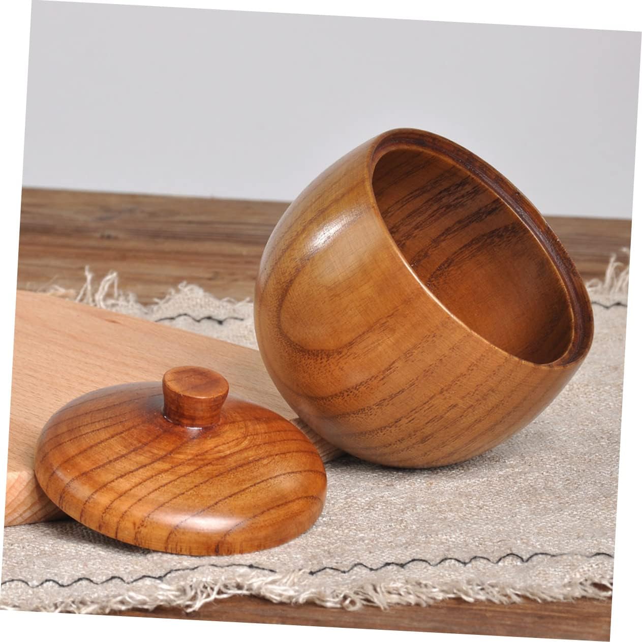 Mikinona Wooden Condiment Pot with Lid Hole, Brown Kitchen Seasoning Box