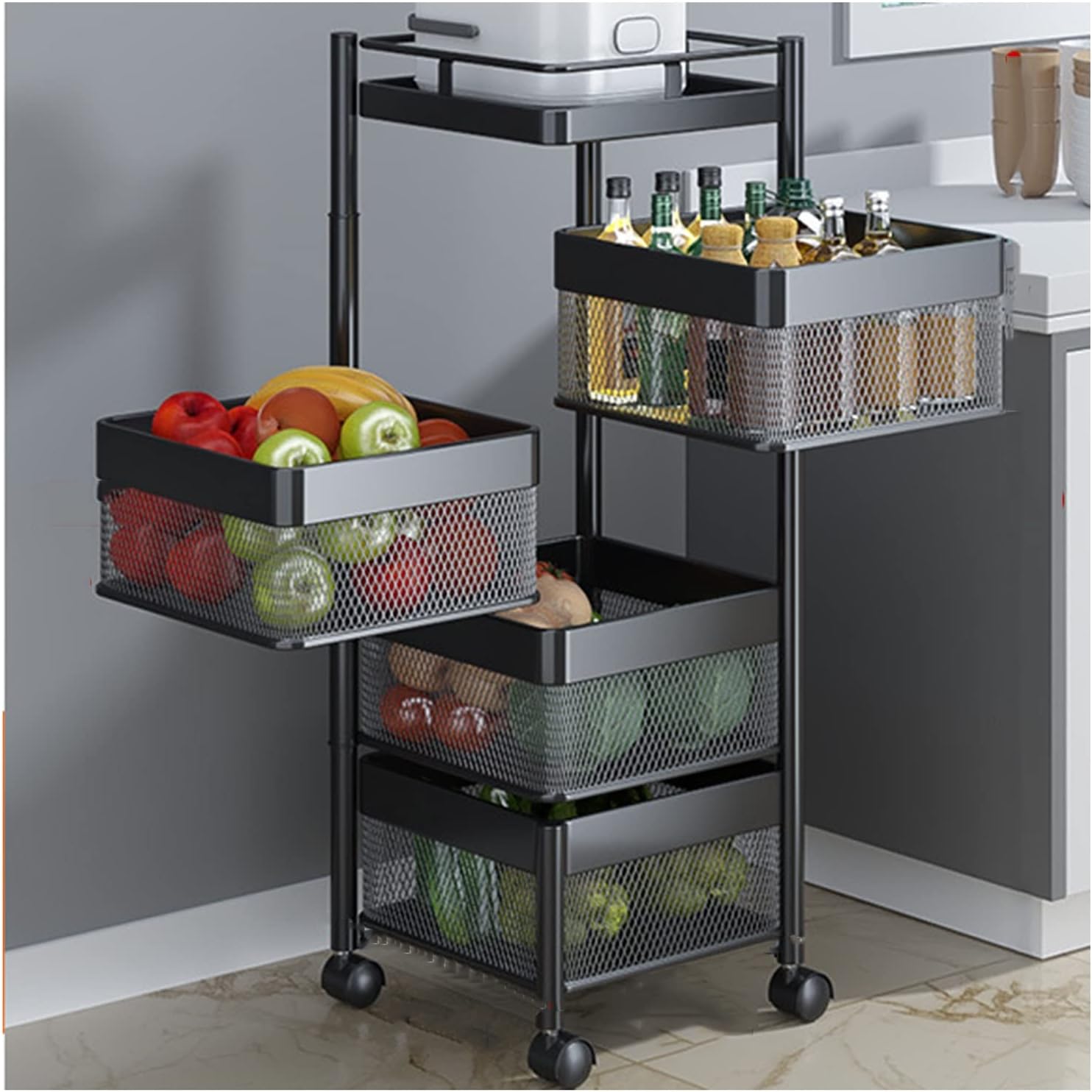 4-Tier Black Steel Rolling Cart for Kitchen & Salon - Easy Assembly, Stylish Storage, Hollow Design, Perfect for Organizing Supplies & Home Essentials