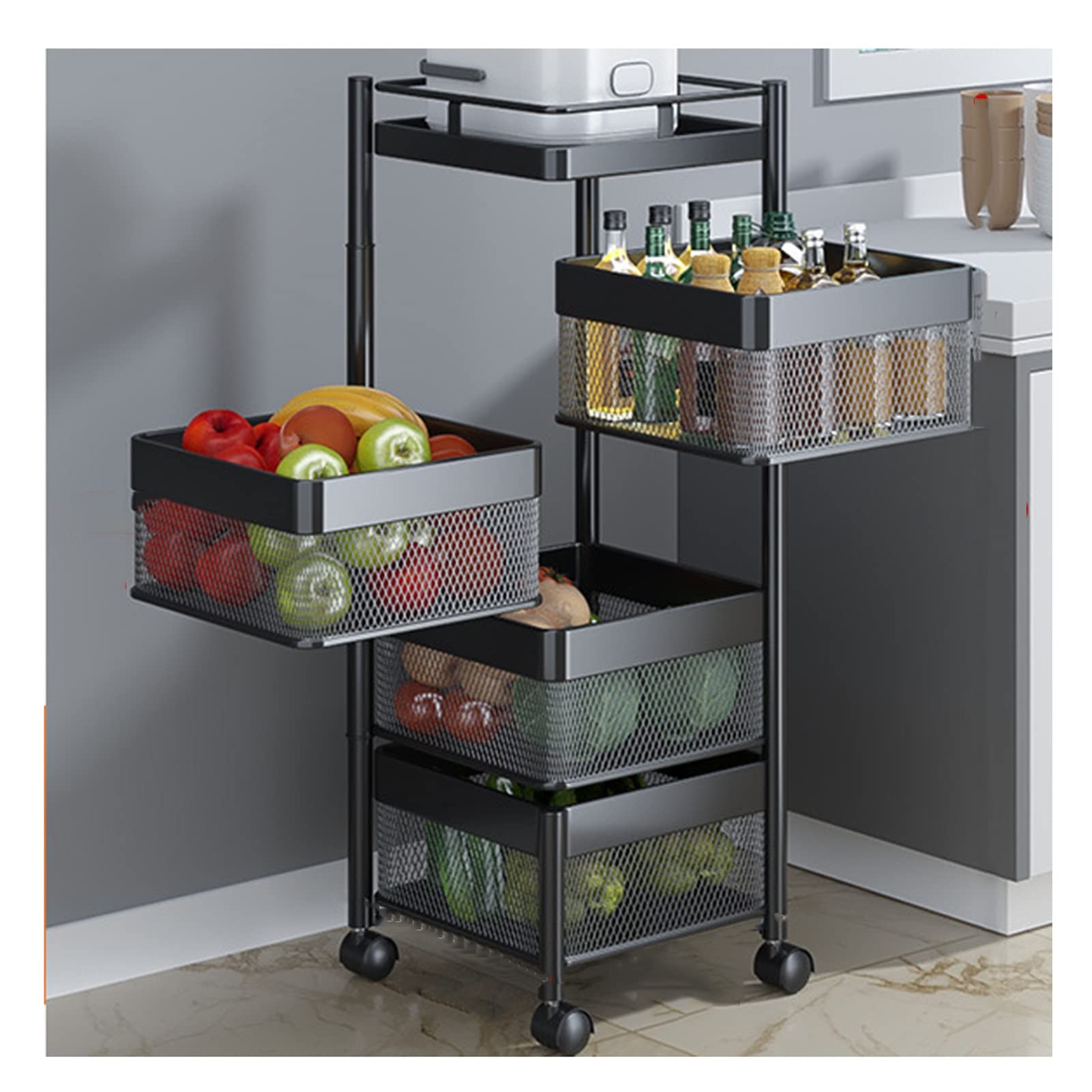 Cesta de almacenamiento de acero al carbono de 4 niveles para cocina y sala de estar, fácil de mover, elegante, diseño moderno, versátil, decoración del hogar, duradera y funcional